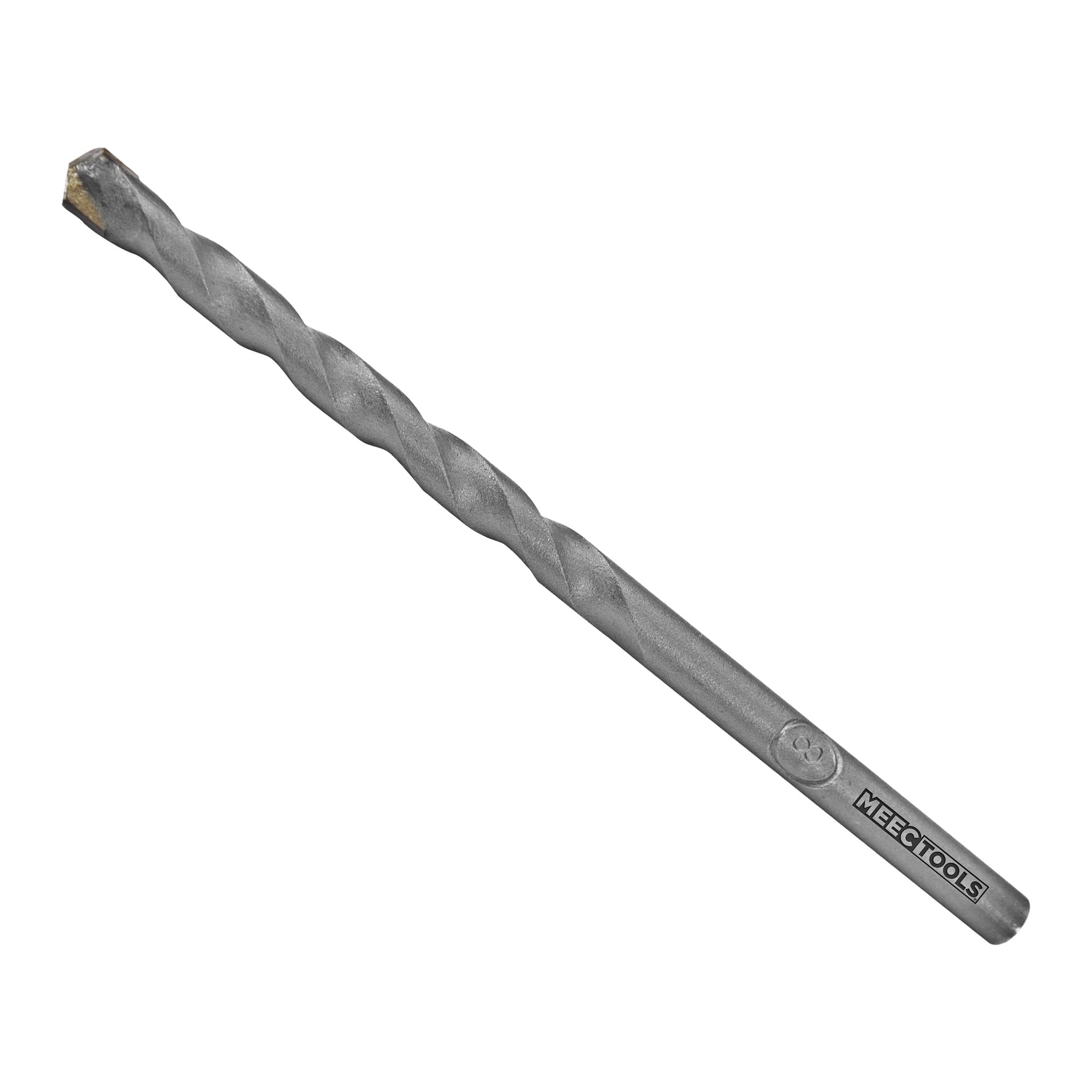 En silverfärgad betongborr med spiralräffling och spetsig spets, med varumärket Meec Tools på sidan.