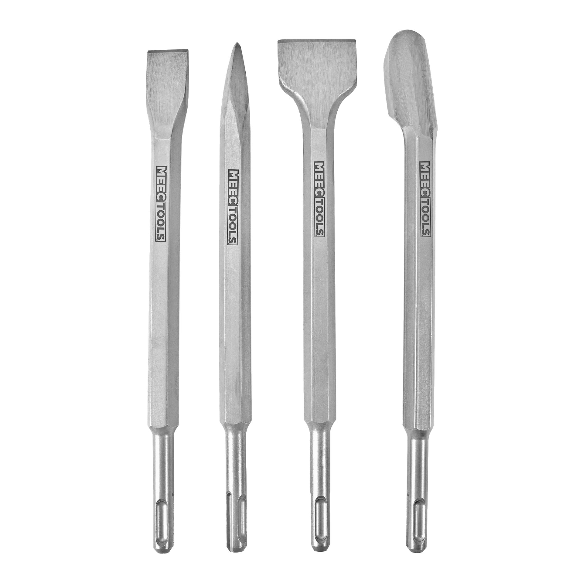 Cztery dodatki do dłut Meec Tools, każde z unikalnie ukształtowanym srebrnym metalowym końcówką i rękojeścią oznaczoną marką Meec Tools, są ustawione pionowo obok siebie.