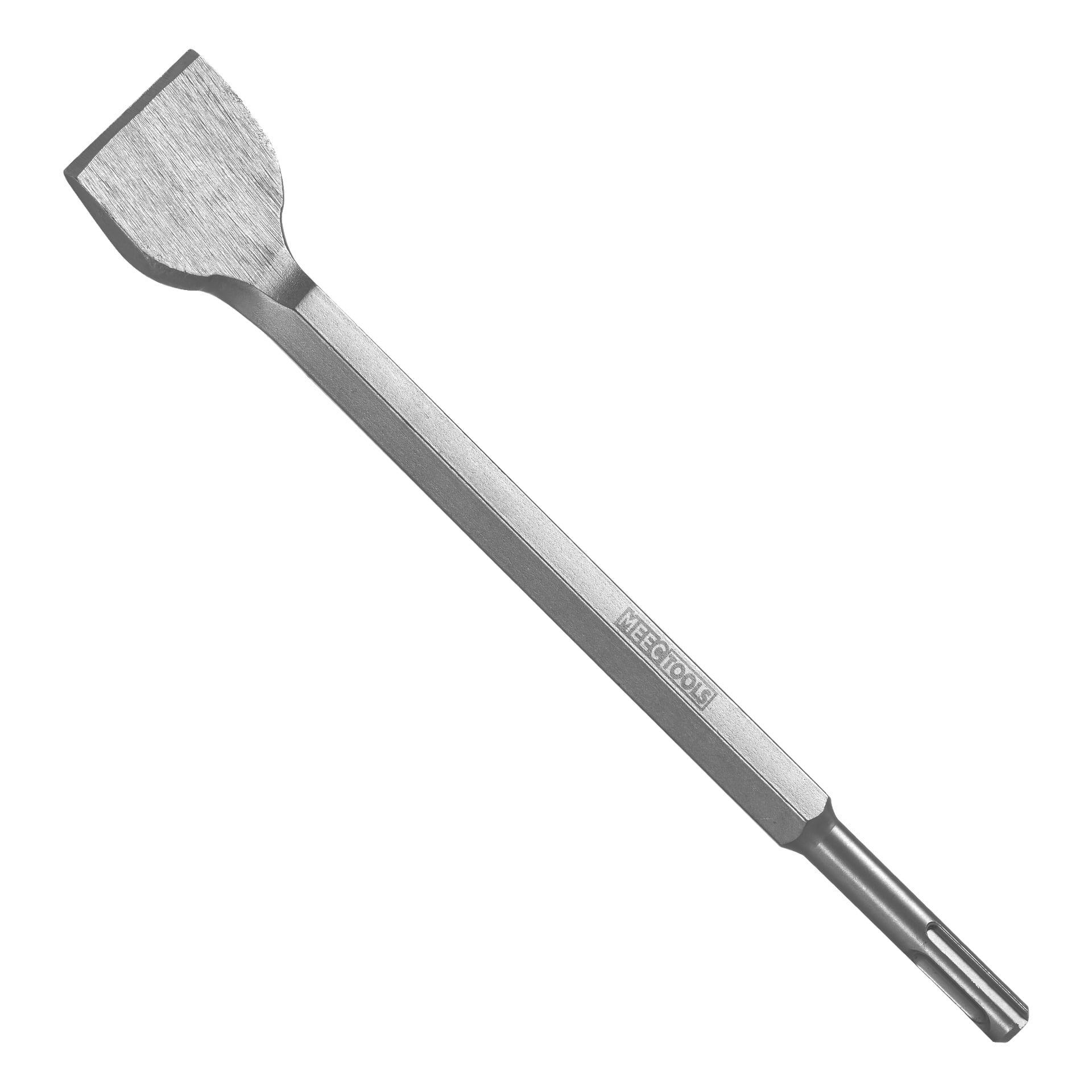 En Meec Tools flismeisel med et bredt, skrapt blad og et langt, rett metallhåndtak designet med SDS Plus-skaft for bruk i kompatible elektriske verktøy. Meec Tools-merket er gravert på håndtaket.