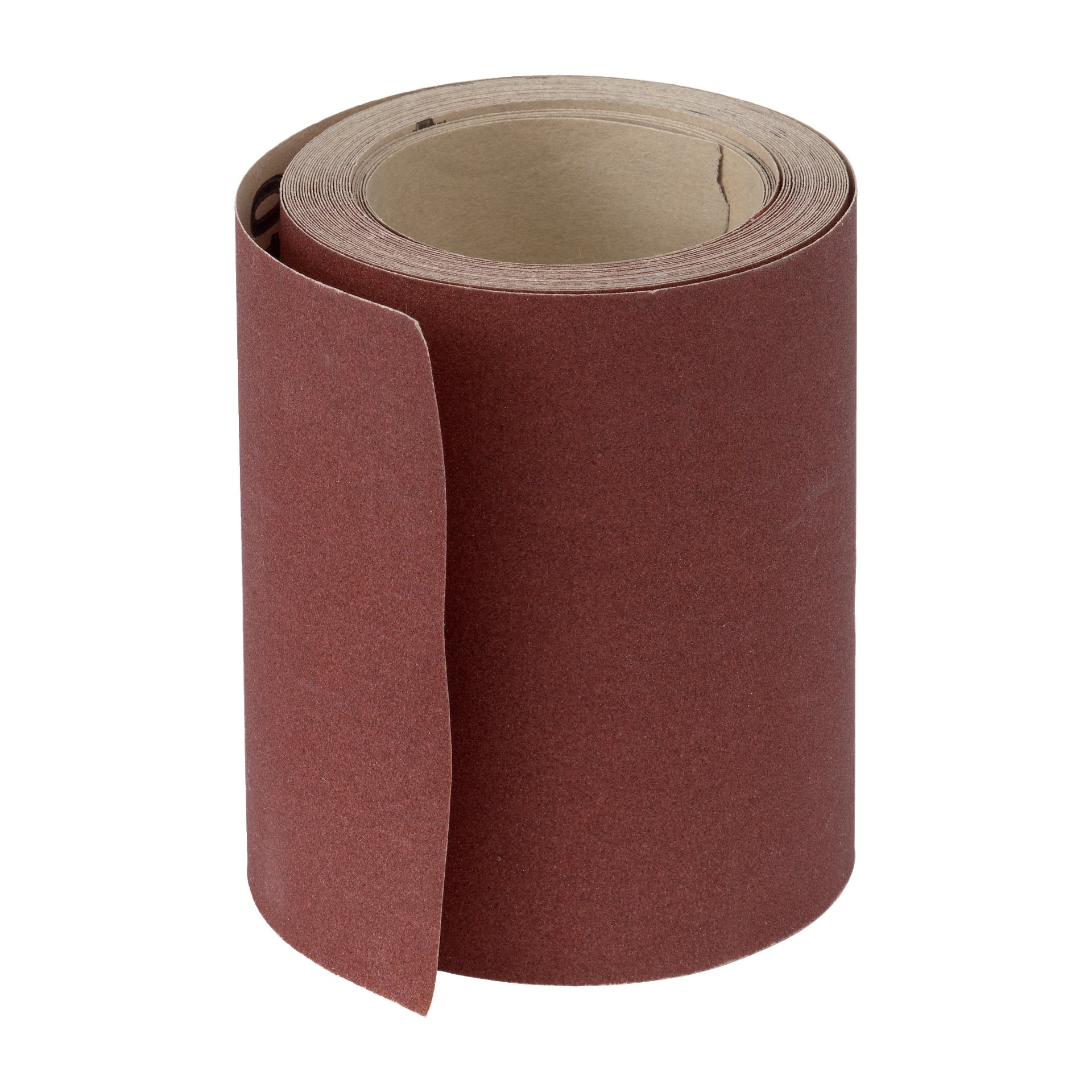 En rödbrun rulle Meec Tools slippapper, med ena änden delvis utrullad för att avslöja sin grova, slipande textur. Kartongkärnan inuti rullen är synlig.