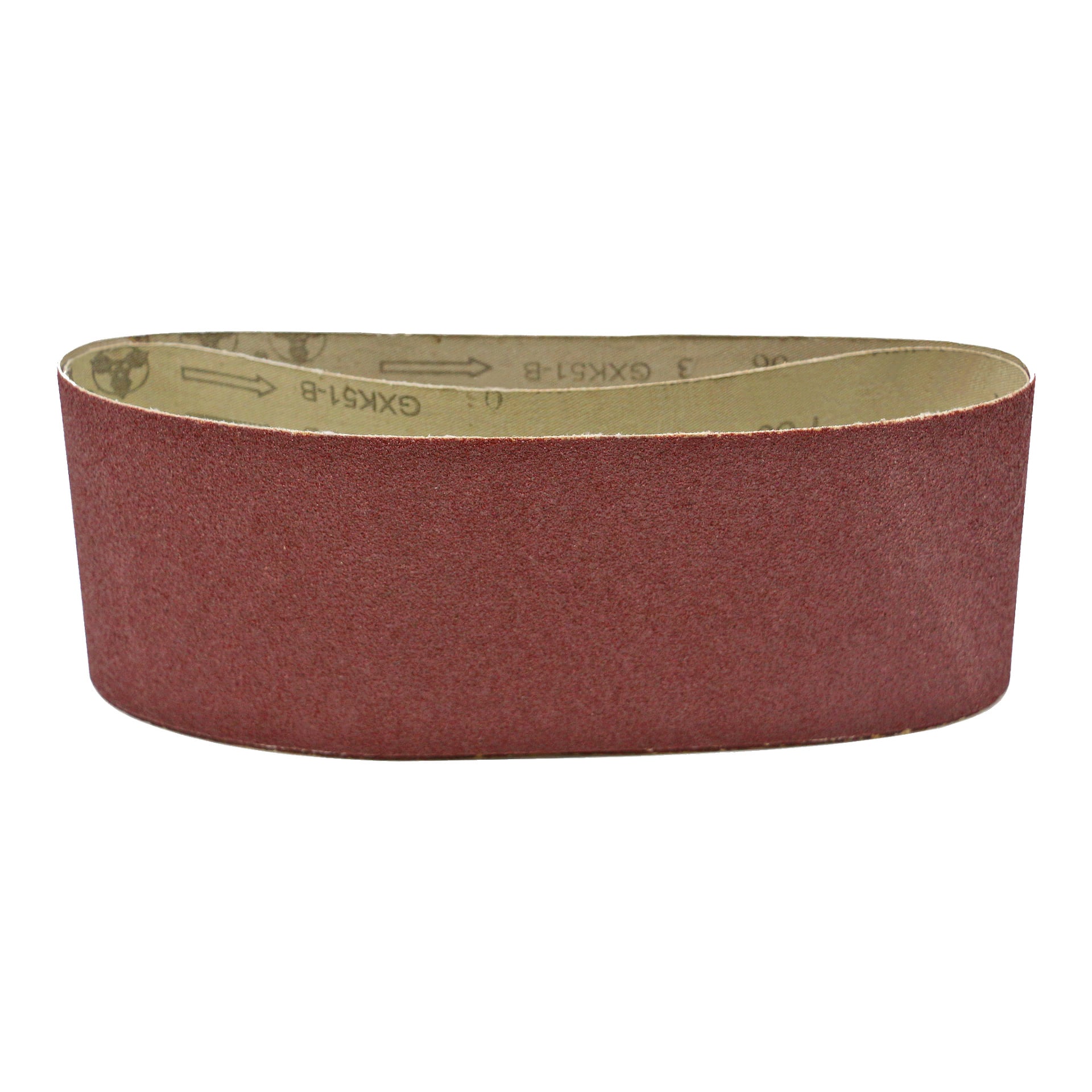 Ett 3-pack Meec Tools slipband, var och en med ett grovt rött slipmaterial i en kontinuerlig ögla. Insidan visar text- och riktningspilar, medan utsidan är texturerad för effektiv slipning eller slipning.