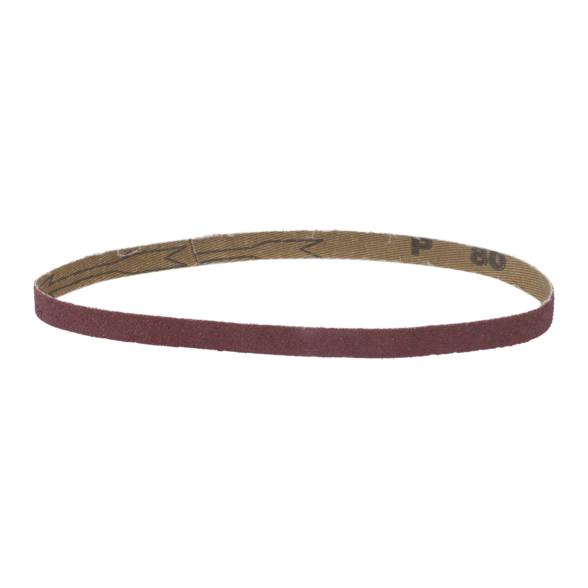 En närbild på ett brunt Meec Tools slipband från en 3-pack, med P80-kornetiketten på insidan.