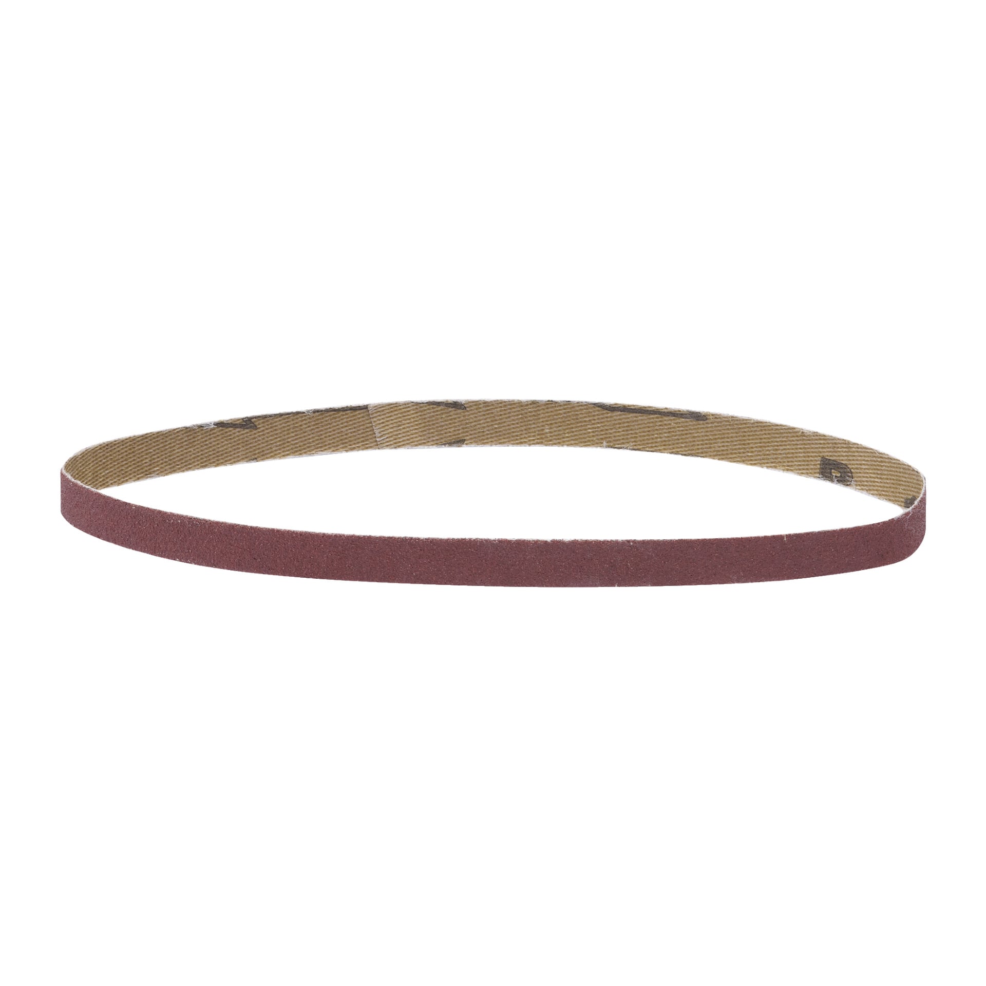 Ett paket med tre slipband från Meec Tools med brun slipyta är arrangerat i en oval. Exteriören visar det grova, texturerade sliplagret, medan insidan visar det robusta bakmaterialet.
