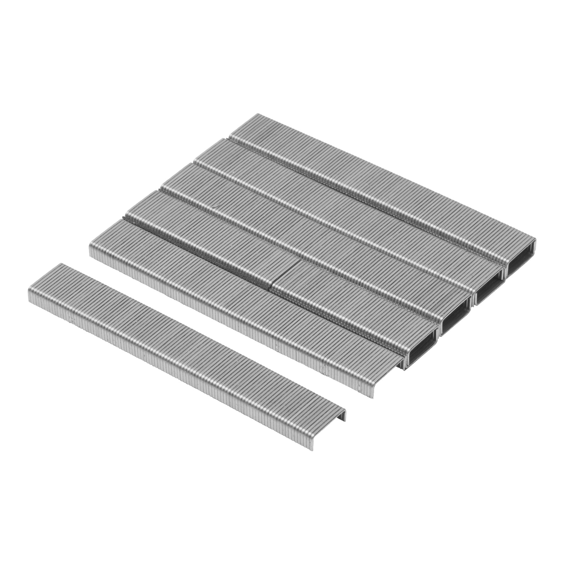 En närbild av Meec Tools Staples 1000-pack visar flera rader av silverfärgade metalliska häftklamrar, med två häftklamrar åtskilda i förgrunden.