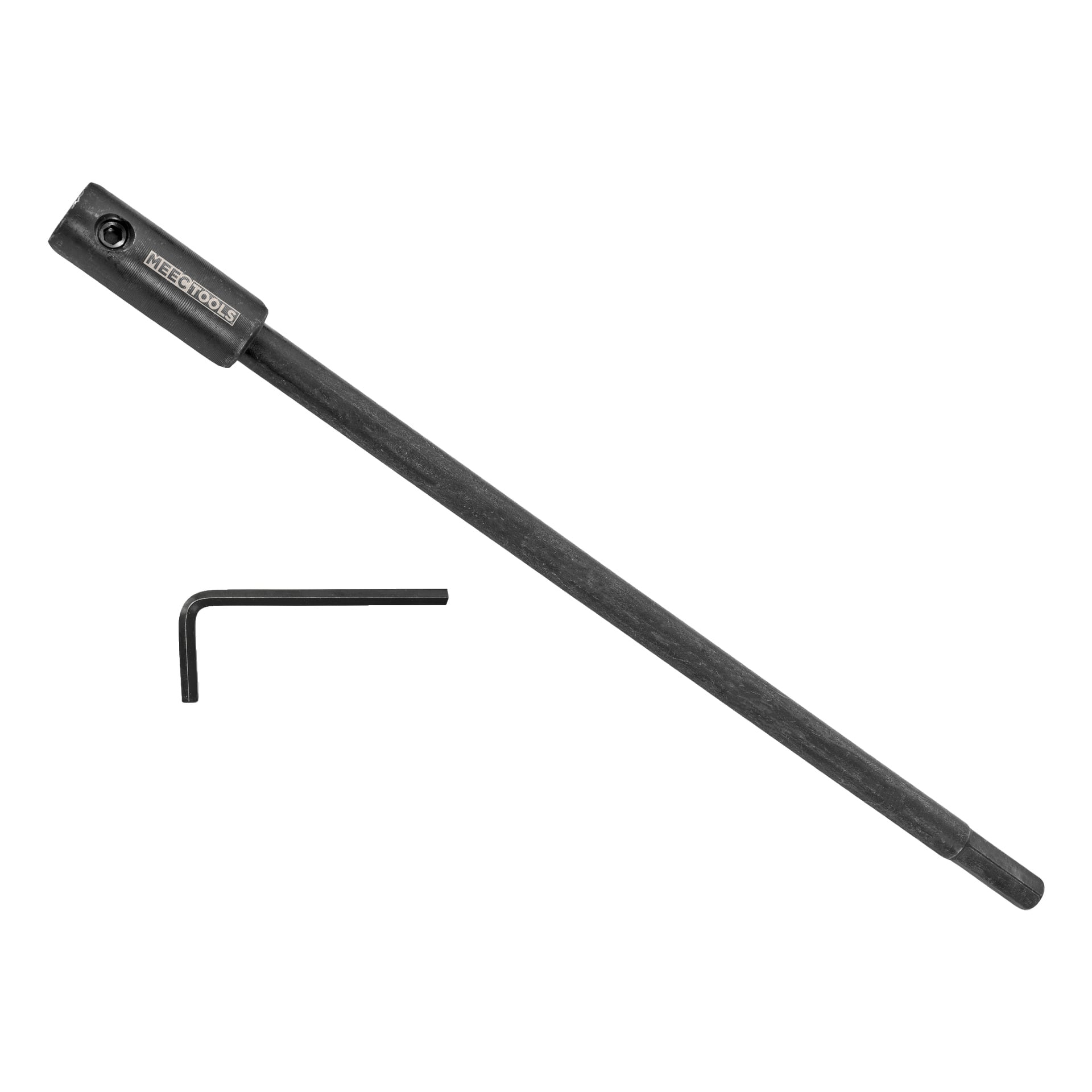 En lång, mörk Meec Tools Extension för en hålsågshållare, med en insexskruv nära toppen, placeras bredvid en liten L-formad insexnyckel.