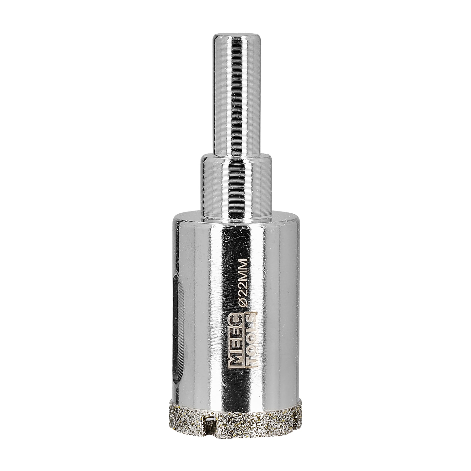 En detaljerad vy av en diamanthålsåg från Meec Tools visar Ø22MM graverat på sidan. Verktyget har en cylindrisk, diamantbelagd skäregg och ett slätt skaft som är avsett för borr.