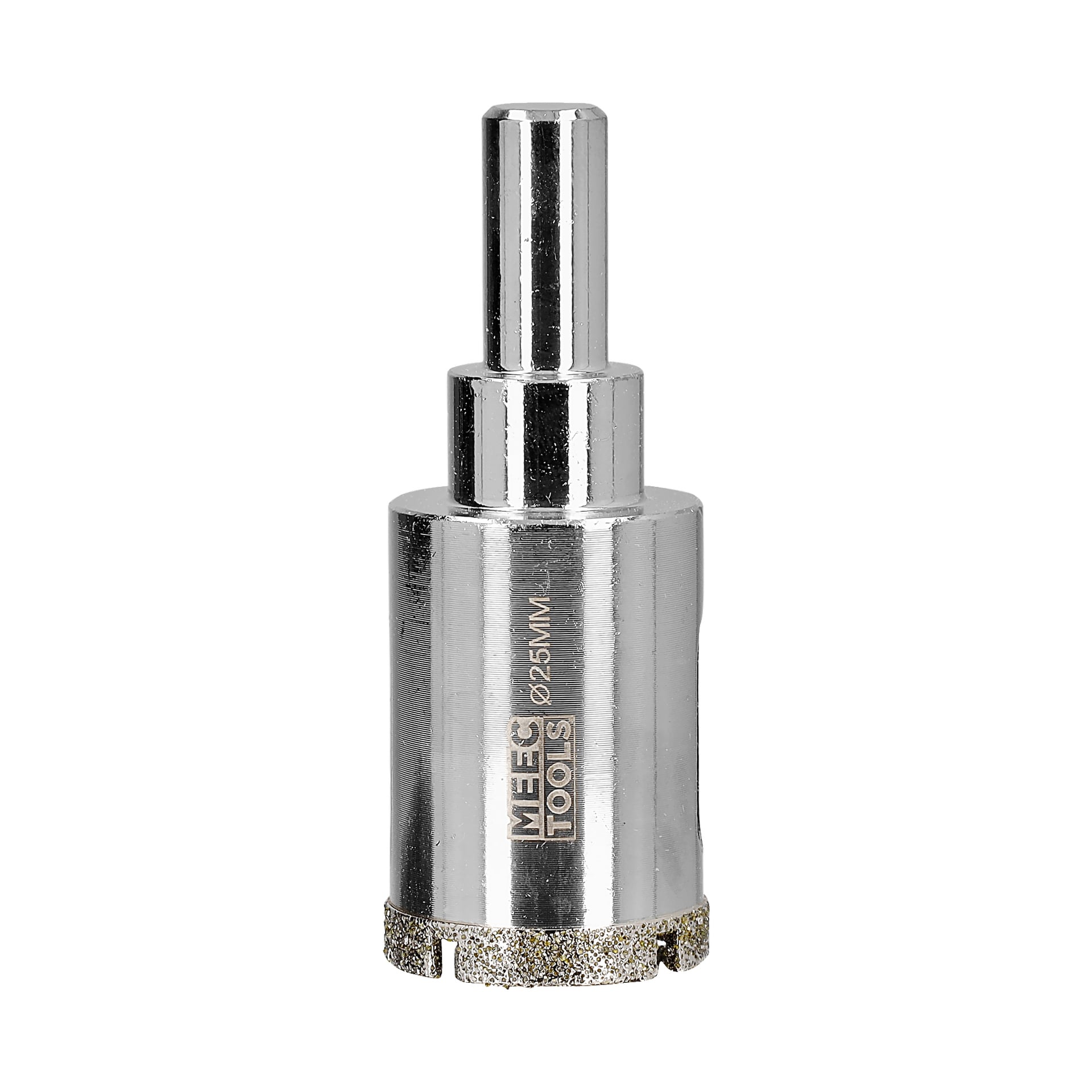 En silverfärgad Meec Tools diamanthålsborrkrona med cylindrisk form, märkt Ø25MM, med en tandad diamantbelagd kant vid basen och en hexagonal skaft i motsatt ände.