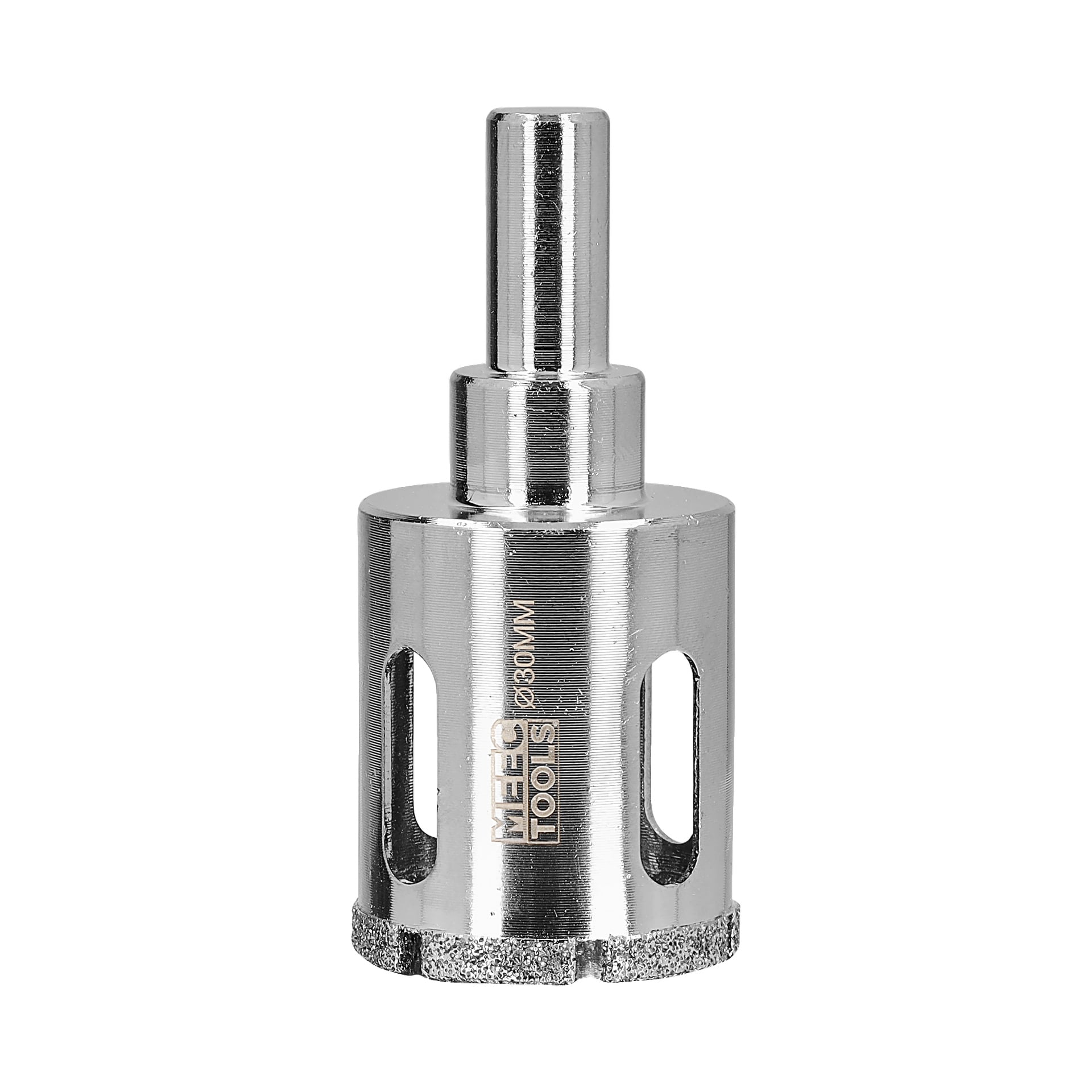 Närbild av en Meec Tools diamanthålsåg med cylindrisk form, diamantbelagd kant, laterala ventiler och fästskaft. Verktygets kropp är märkt "Meec Tools 28,0 mm".