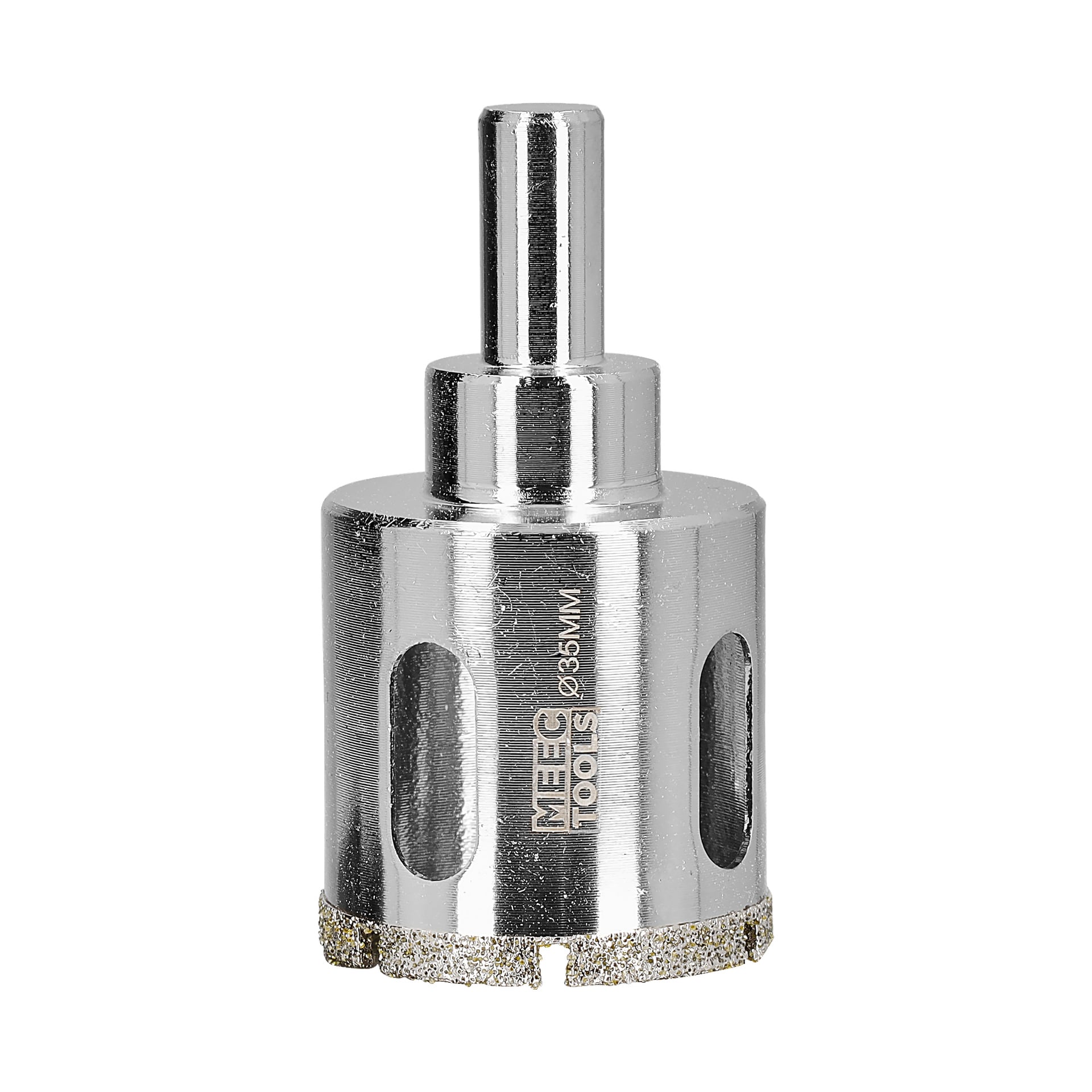 En närbild av en cylindrisk diamanthålsåg från Meec Tools, med sidoöppningar och graveringen "Meec Tools Ø35MM" på dess metallyta.