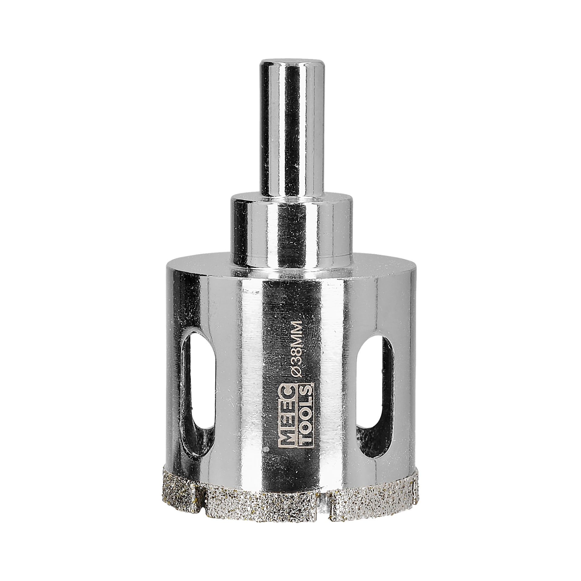En närbild av en silverfärgad Diamond-hålsåg med sidoöppningar och den graverade texten "Meec Tools 28/38MM" på kroppen.