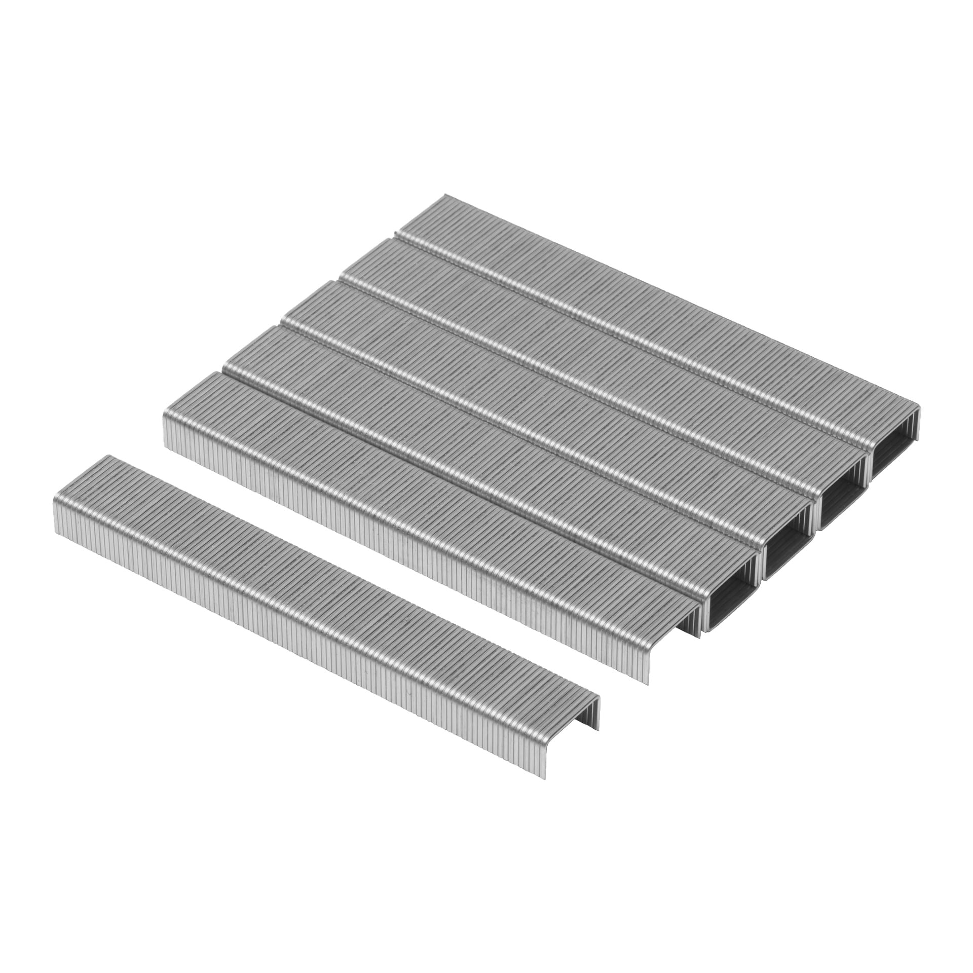 Närbild på flera remsor av Meec Tools Staples 1000-pack, med en remsa placerad åt vänster.