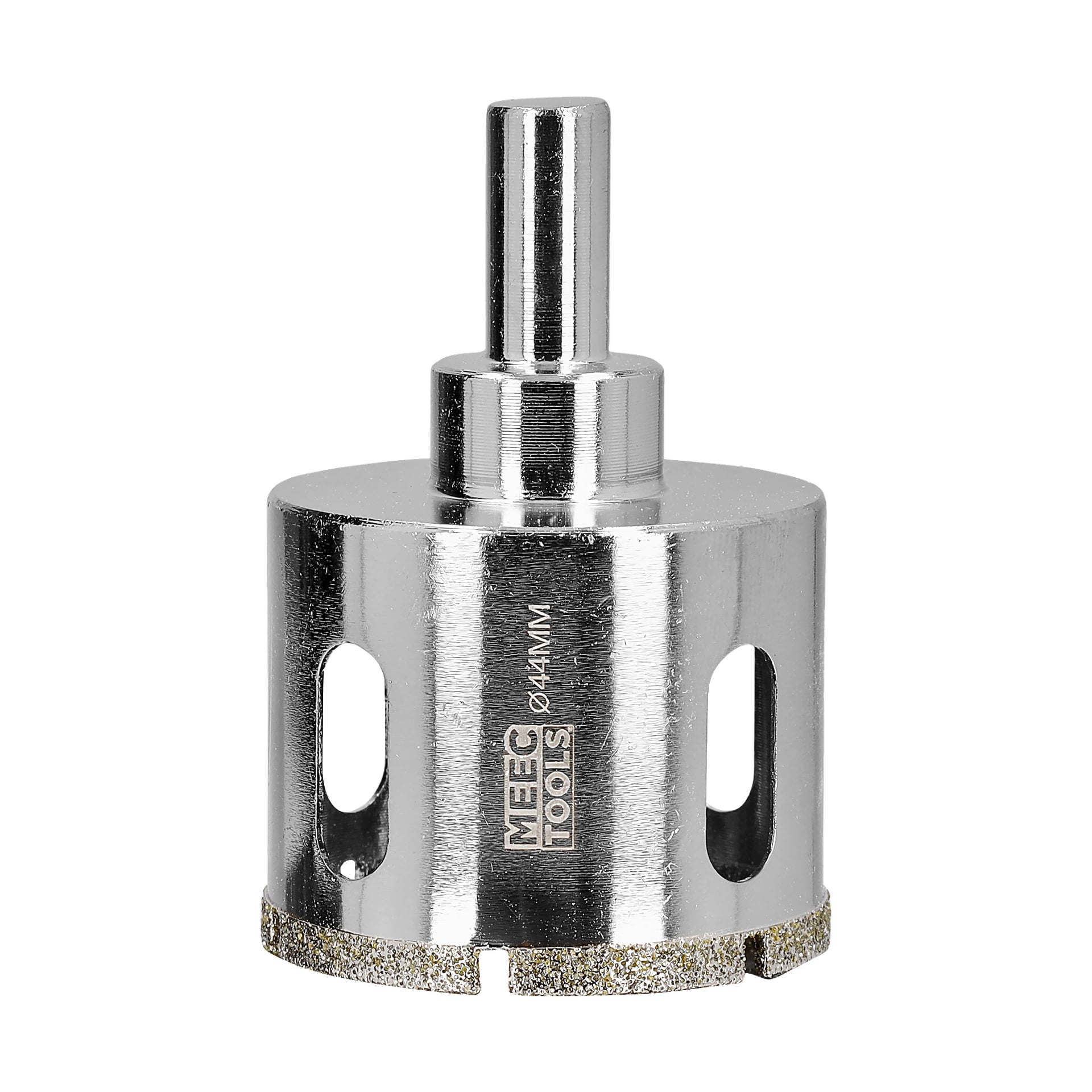 En närbild av en diamantsåg från Meec Tools framhäver dess cylindriska metallkropp, synliga sidospår och grov diamantbeläggning på skärkanten. Varumärket "Meec Tools" är graverat på sidan.