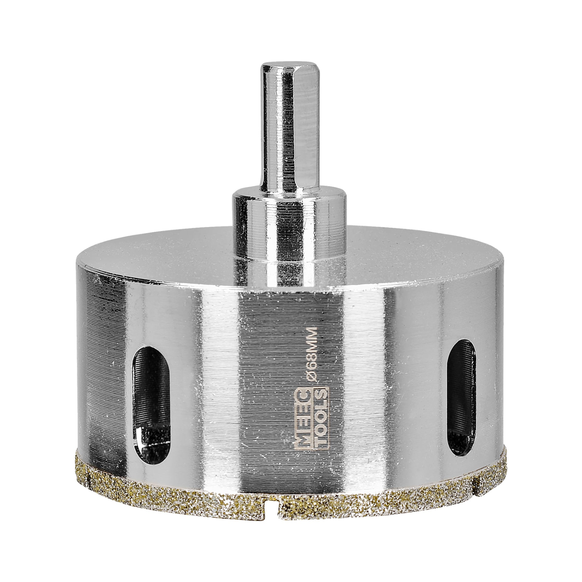 En detaljerad närbild av en Meec Tools diamanthålsåg med metallisk silverkropp, slipande diamantbelagd kant för skärning, sidospår för borttagning av skräp och en cylindrisk axel.