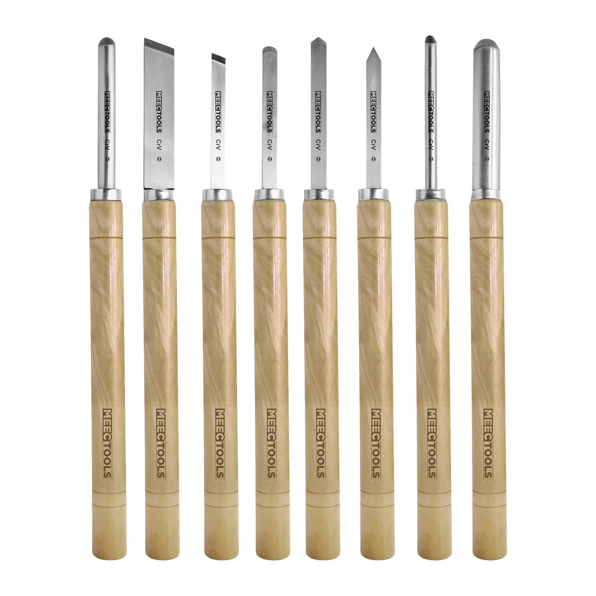 Åtta Meec Tools svarvverktyg står upprätt i rad, var och en med ett fläckfritt trähandtag märkt med varumärket. Setet visar olika metallblad högst upp, med varierande form och storlek.