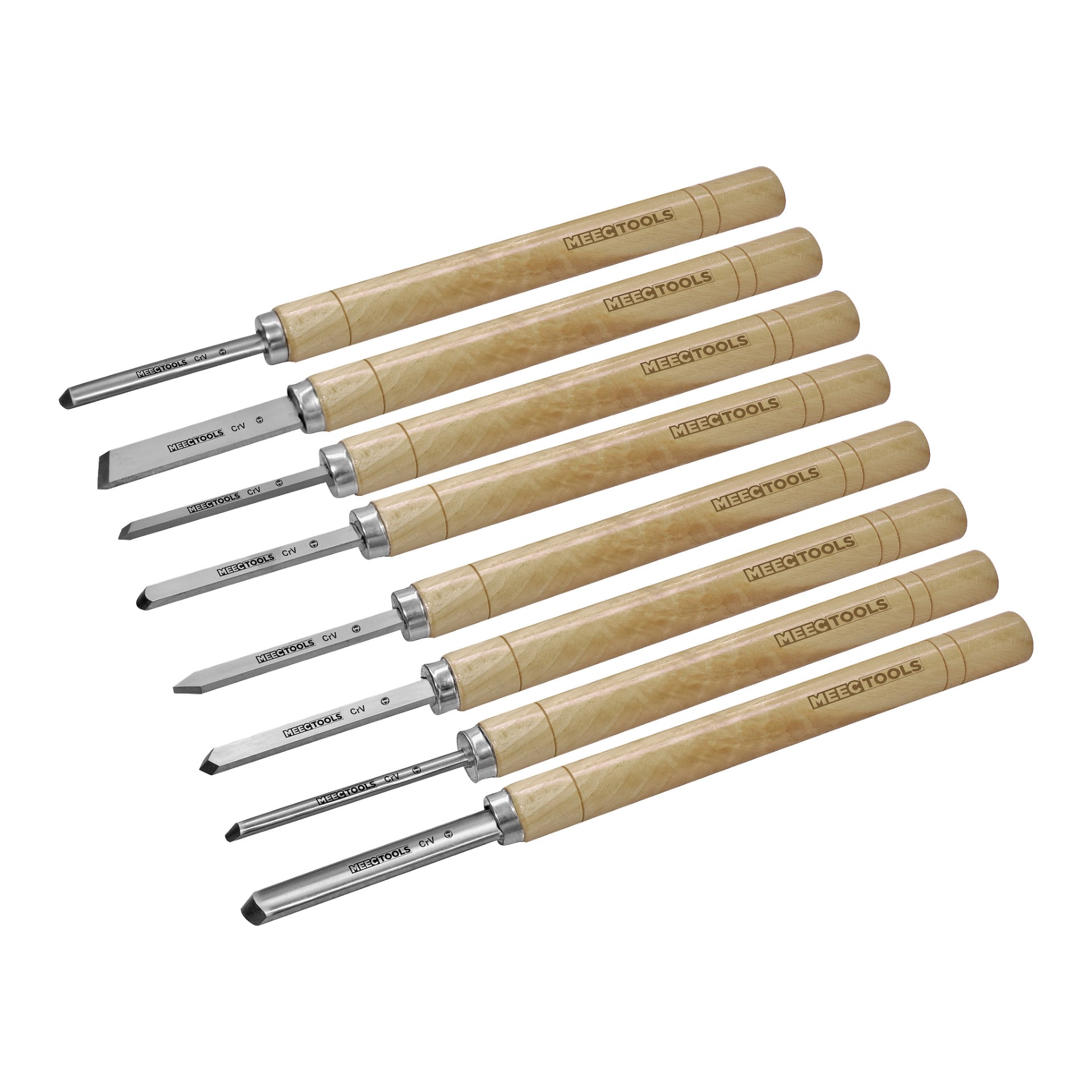 Åttadelat set Meec Tools svarvverktyg med trähandtag märkta med märket och metallblad i olika former och storlekar, arrangerade diagonalt.