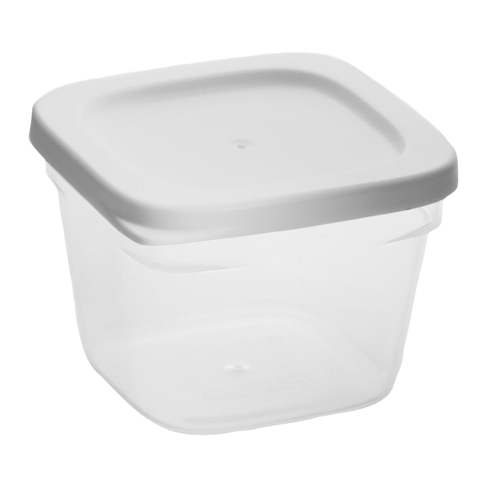 Ett fyrpack med Menuett Storage-burkar visas, bestående av genomskinliga fyrkantiga plastbehållare med vita lock. Alla behållare är tomma och har locken fastsatta.