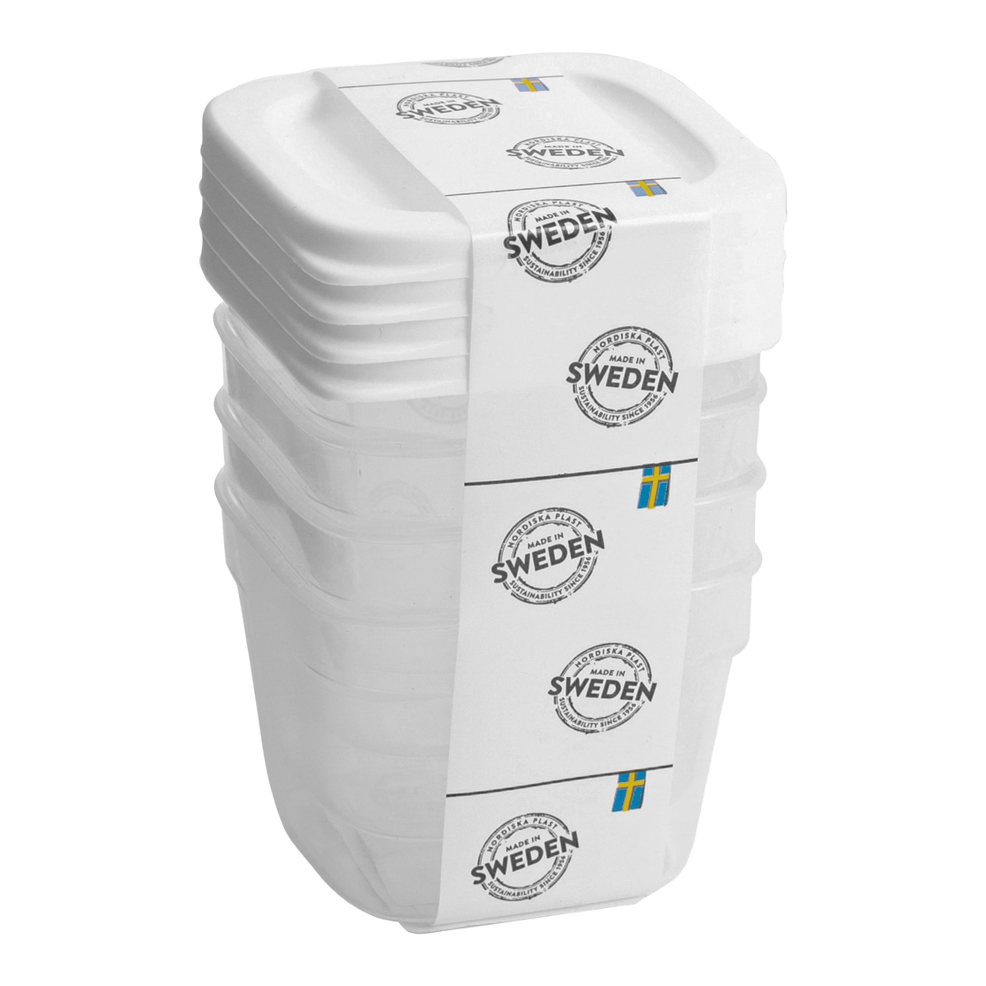 Ett set med fyra genomskinliga plastburkar från Menuett, var och en toppad med vitt lock. Burkarna är samlade tillsammans, inslagna med en vit etikett där det står "Made in Sweden" och som har en liten svensk flagga.