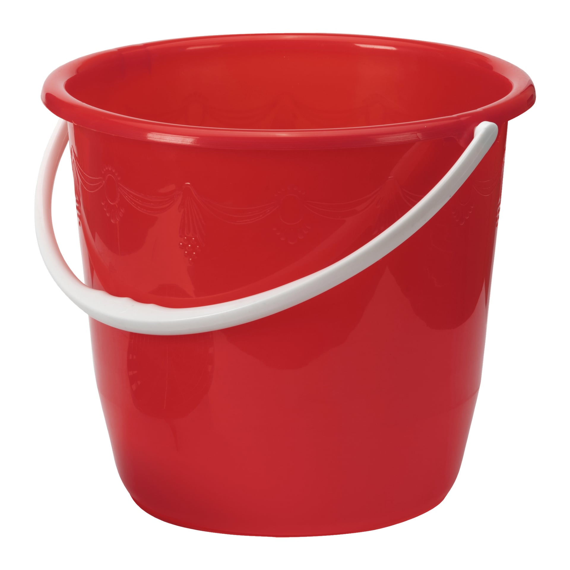 En livfull röd Hamron Bucket med filtersystem, vitt handtag och ett diskret präglat mönster nära kanten.