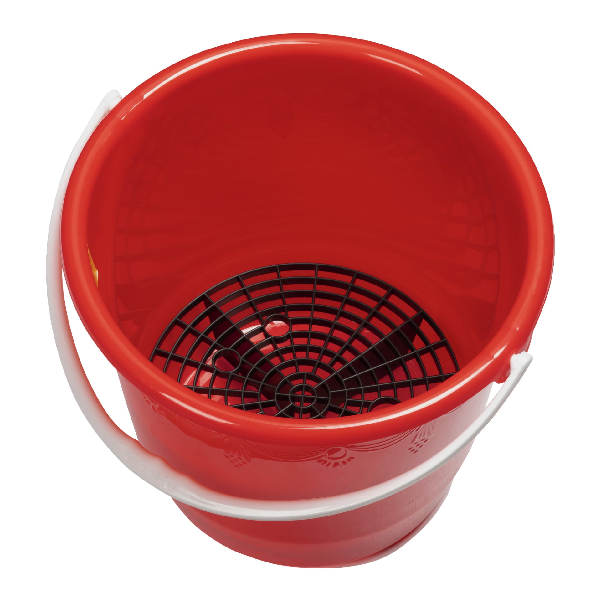 En röd plast-Hamron-hink med filtersystem, vitt handtag och svart grusskydd i botten. Top-down-vyn visar hinkens inre detaljer.