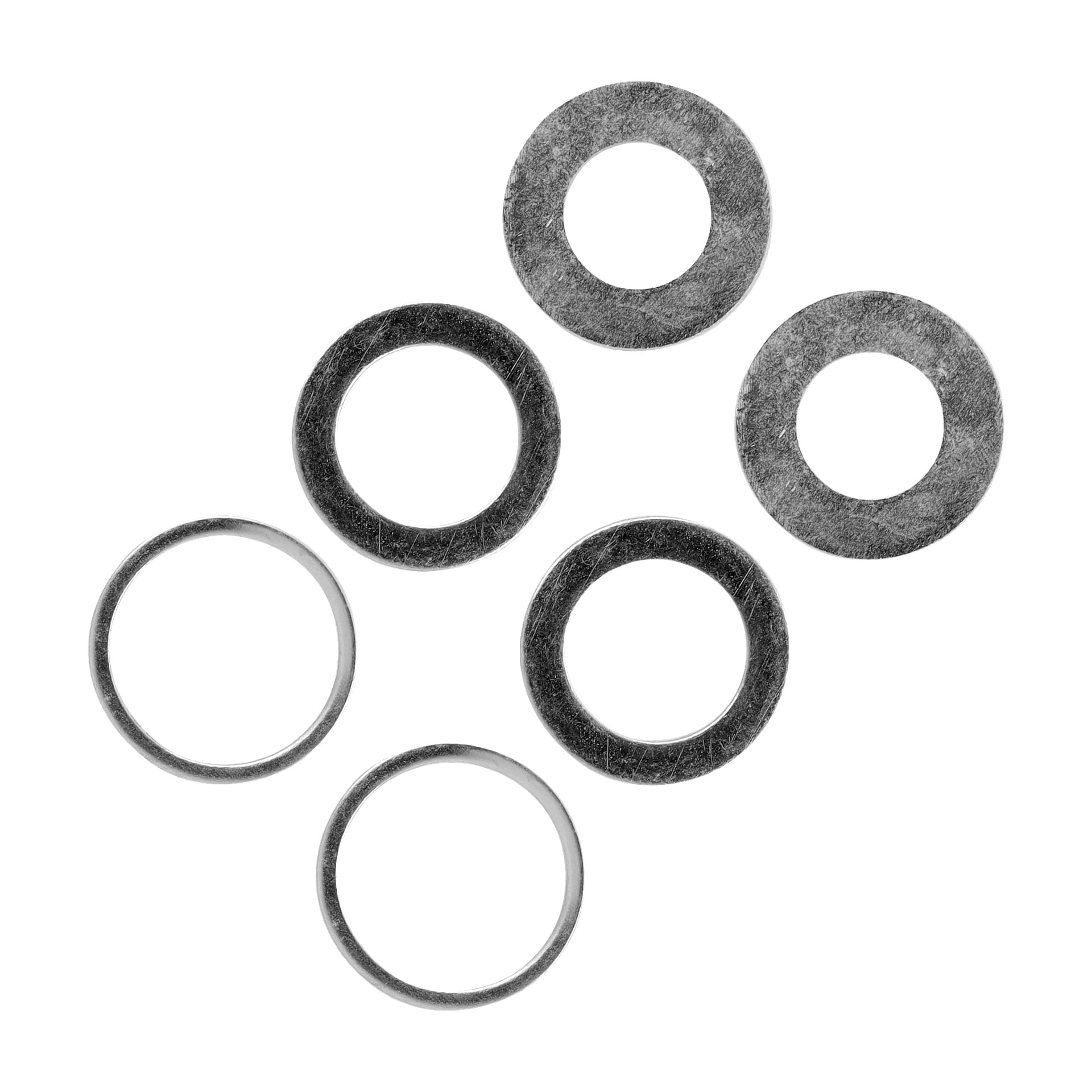 Sex spacer-ringar från Meec Tools Spacer Ring Set för sågblad (6 stycken) visas. Tre av ringarna har en ljus, reflekterande finish, medan de andra tre ser mörkare och matta ut. Alla ringar är cirkulära med ett centralt hål.