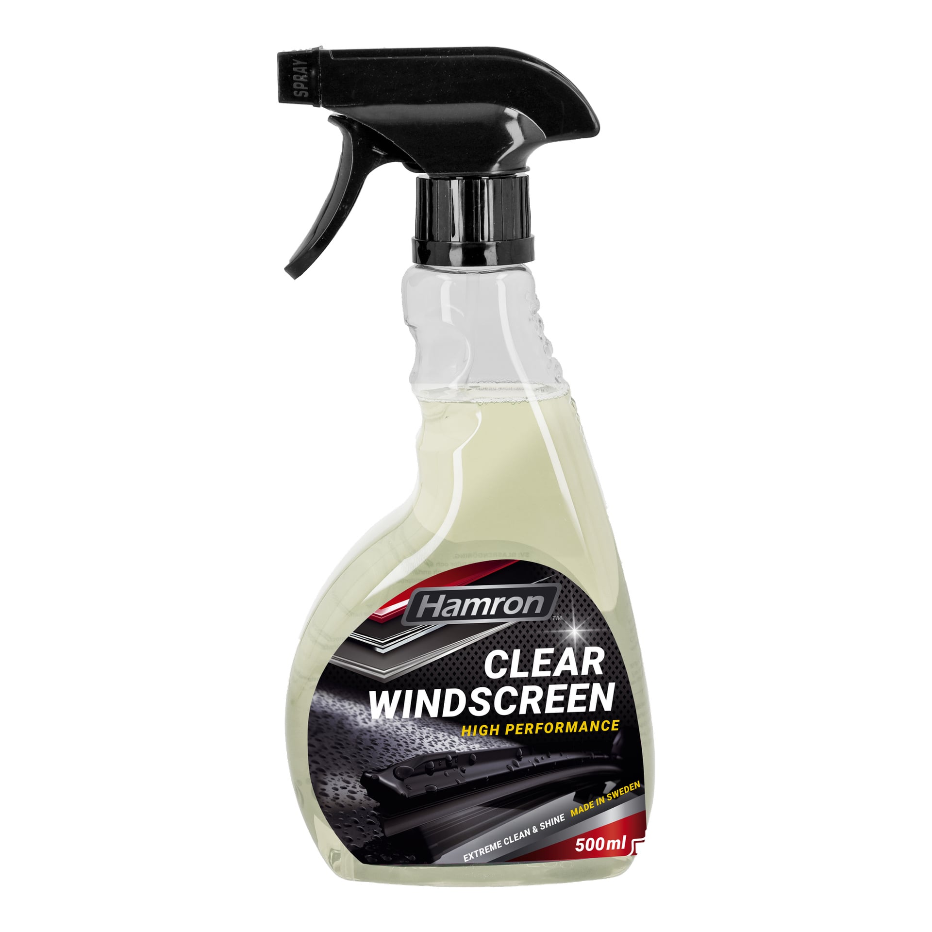 Butelka Hamron Water Repellent Clear Windglass o pojemności 500 ml z czarnym spustem i etykietą z nazwą produktu, instrukcją użytkowania oraz żółtym akcentem "Made in Sweden".