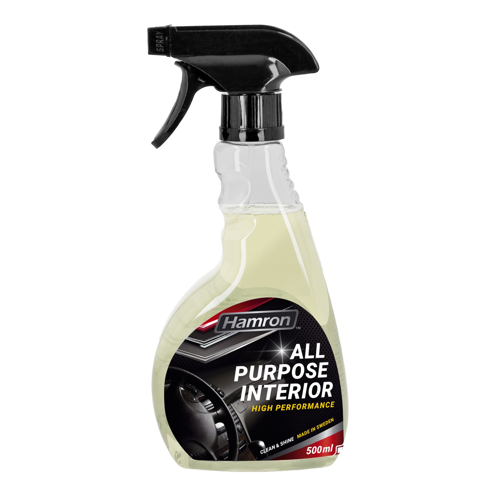 En 500 ml Hamron All Purpose Interior Cleaner sprayflaska med svart utlösarmunstycke. Etiketten lyfter fram dess höga prestanda, svenska ursprung och lämplighet för rengöring och polering av bilinteriörer.