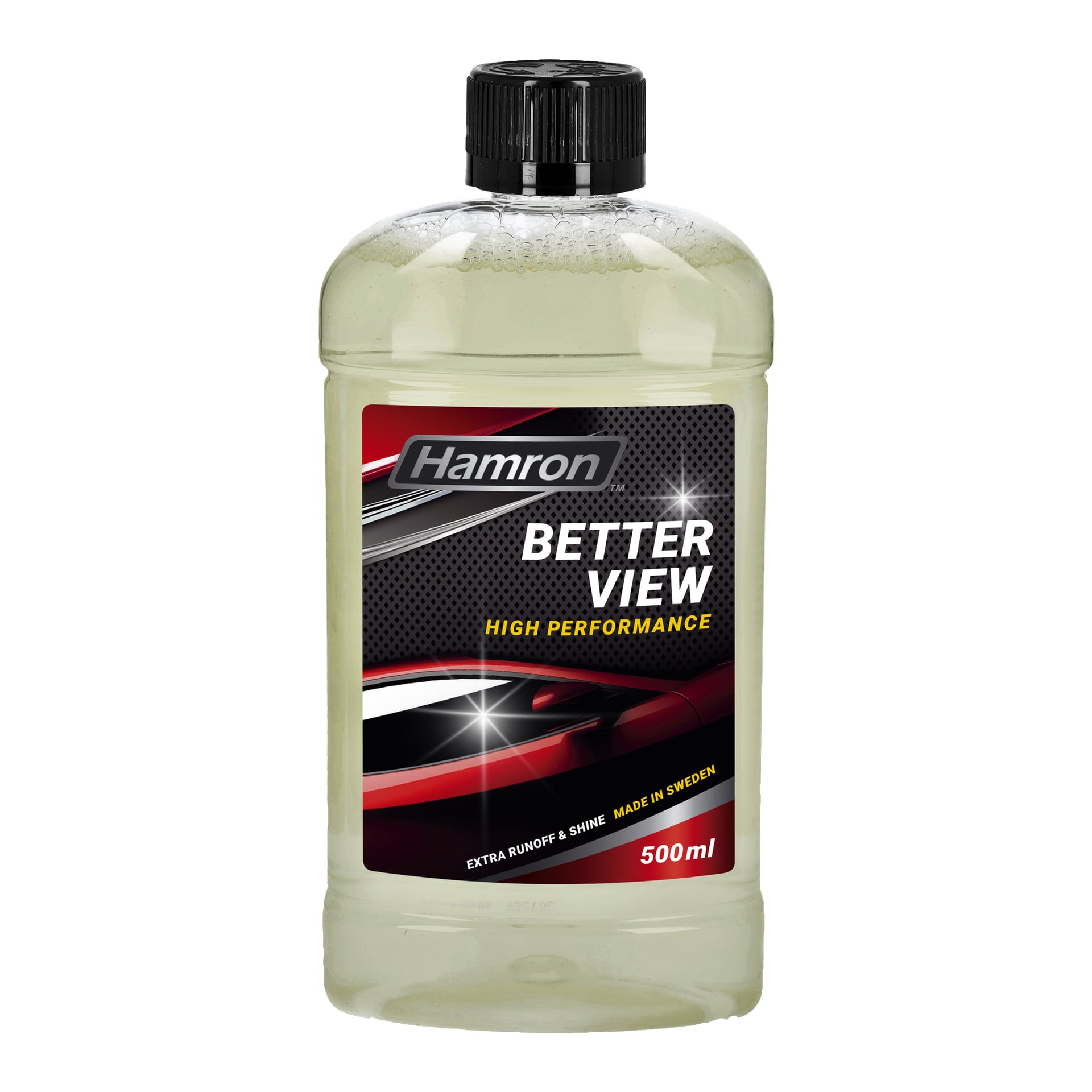 En transparent 500 ml plastflaska visar Hamron Sight Improver Better View-varumärket, med röda, svarta och gula detaljer på etiketten. Framträdande inslag inkluderar "Extra Runoff & Shine" och "Made in Sweden." Flaskan är förseglad med en räfflad svart kork.