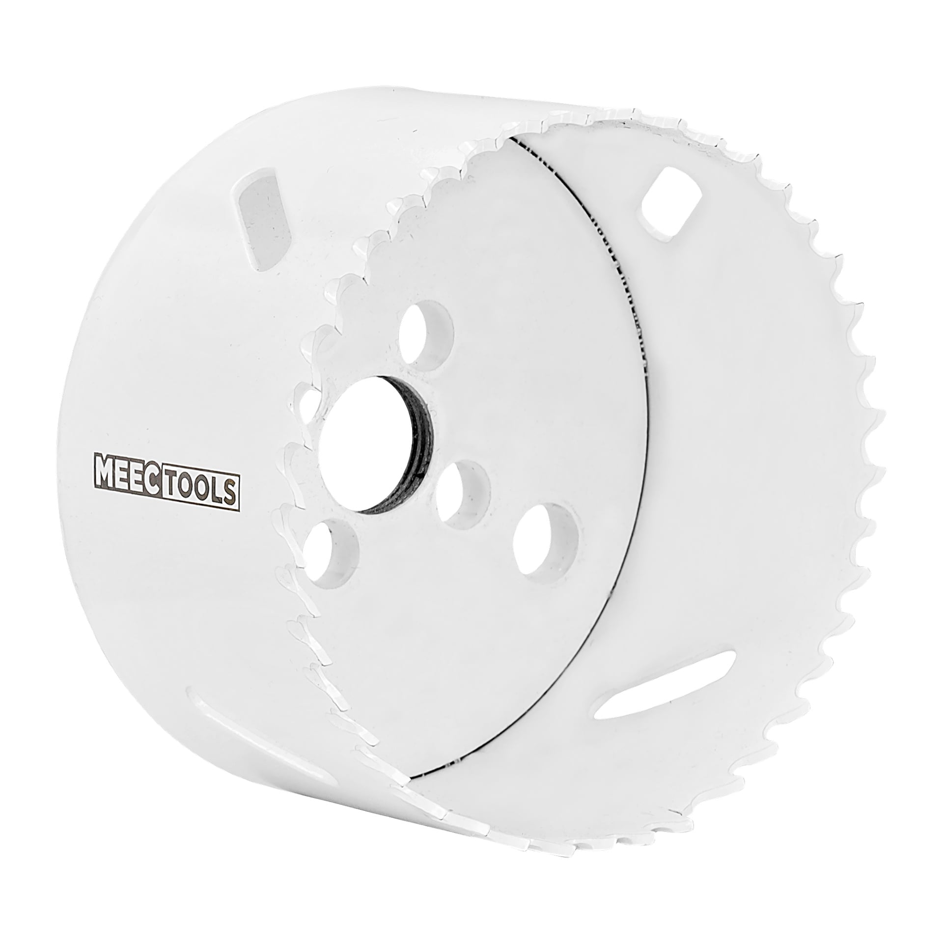 En vit Meec Tools-hålsåg med spetsiga skärtänder, flera sidohål och en central spår för att fästa på en borrmaskin.