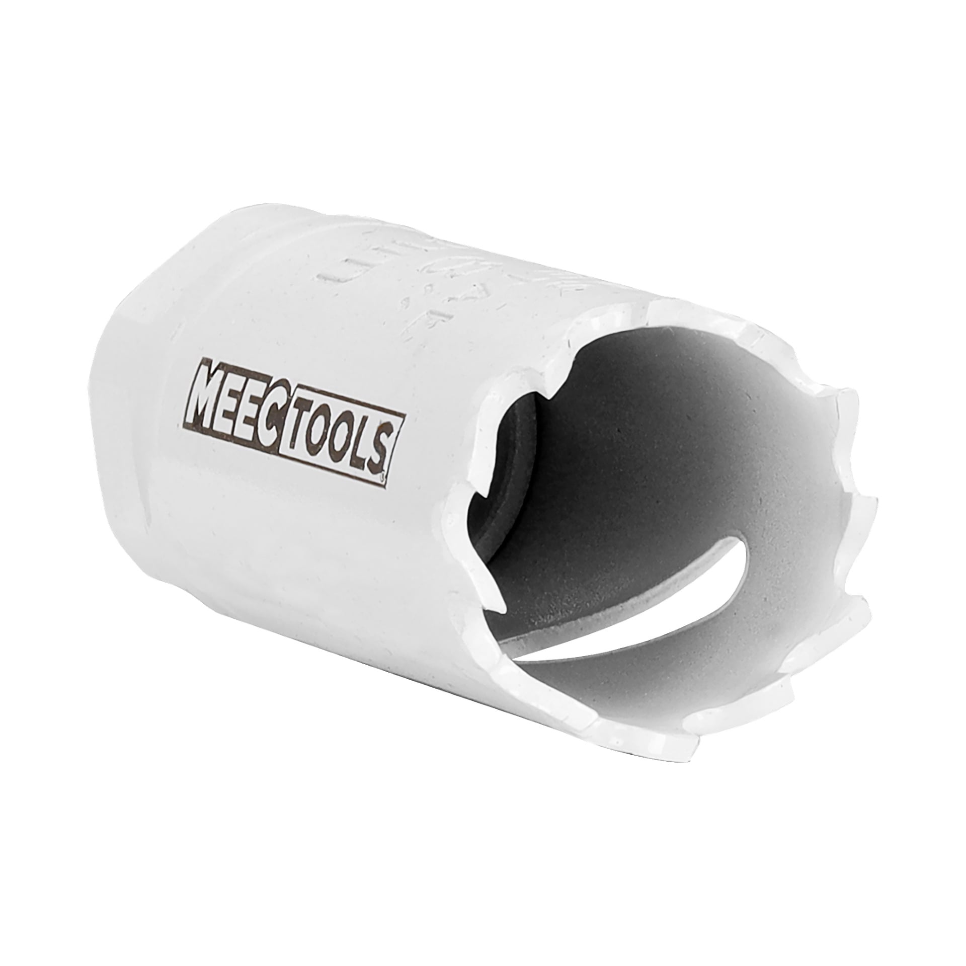 En vit cylindrisk hålsåg med vassa, taggiga tänder och "Meec Tools"-logotypen på sidan, använd för att skära hål i material som trä eller gips.