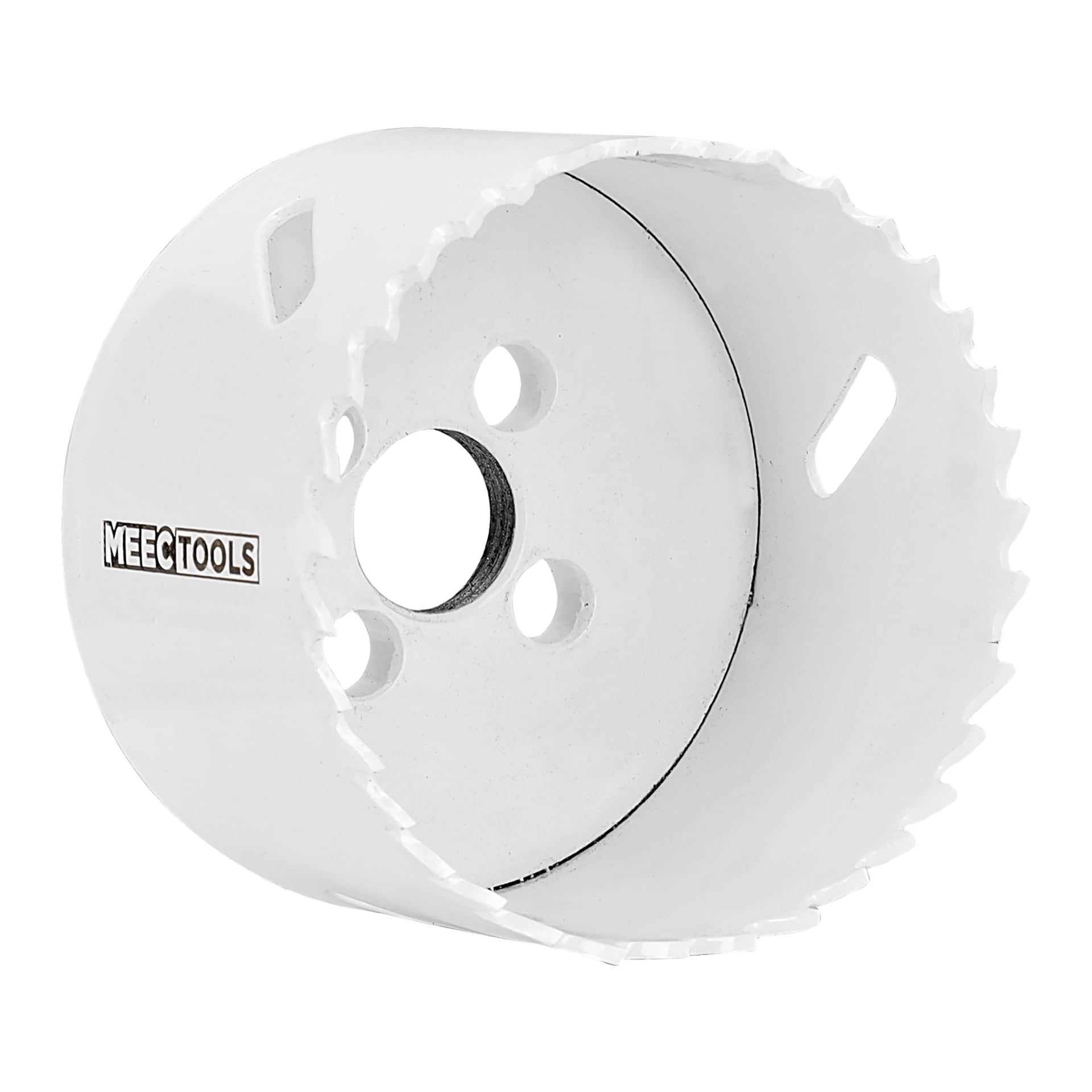 En Meec Tools-hålsåg med en vit, cirkulär kropp, framträdande vassa tänder längs kanten och flera hål i ytan.