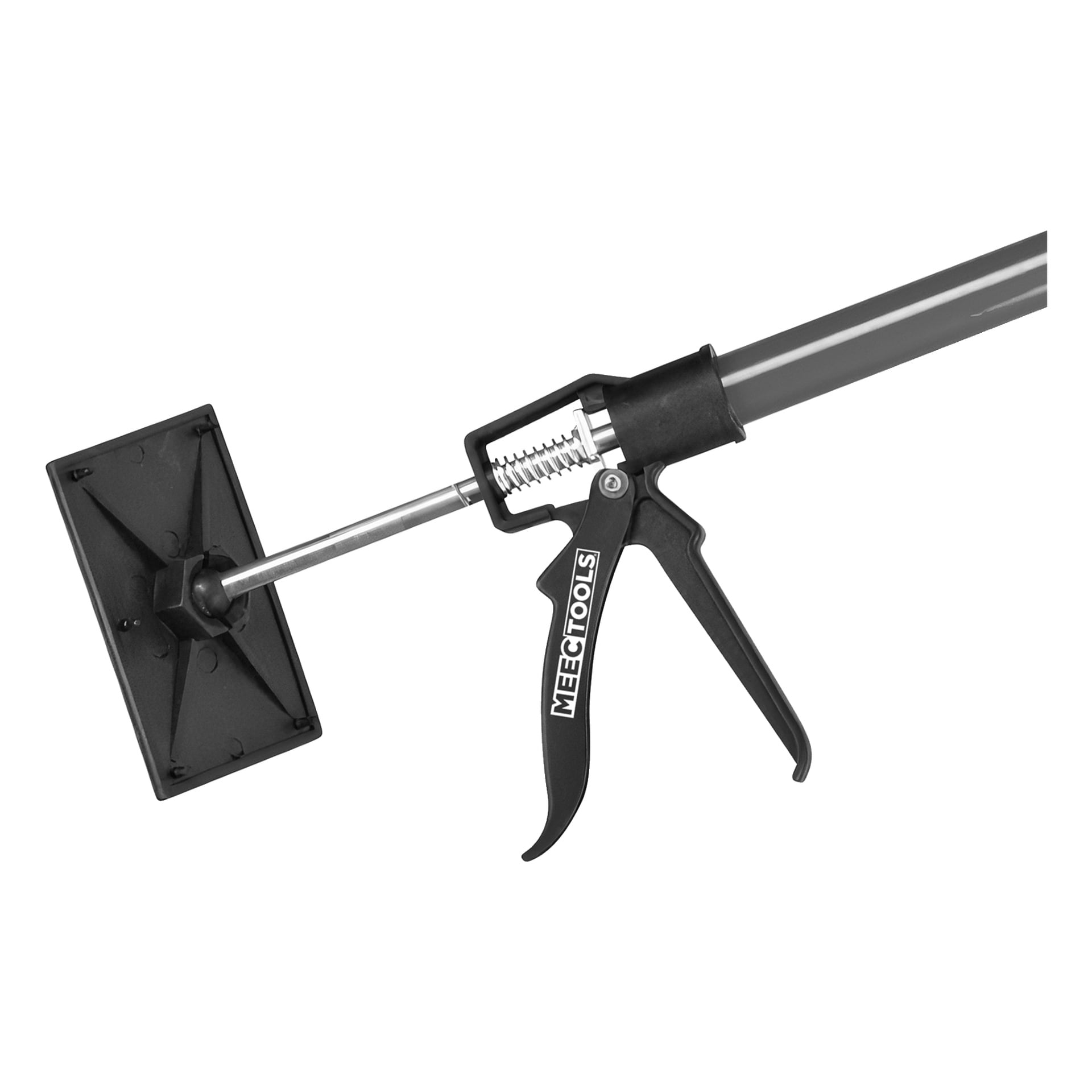 Närbild av ett teleskopstöd från Meec Tools med en platt rektangulär bas, synlig fjädermekanism och ett svart handtag kopplat till en grå stång.