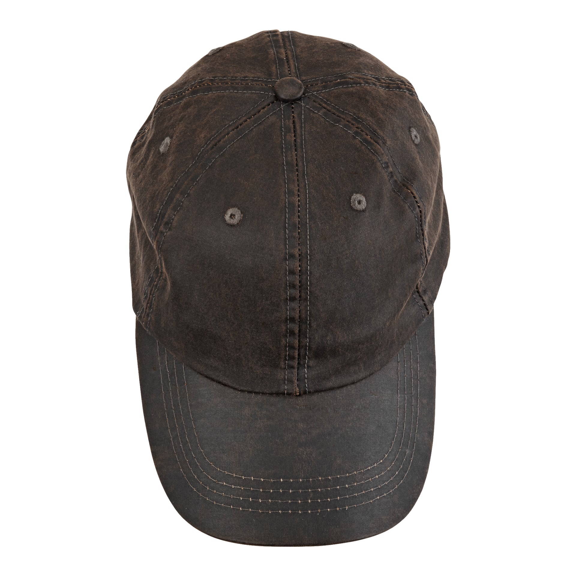 Eine braune Kayoba Outdoor-Mütze ist von oben zu sehen und hebt ihr abgenutztes Aussehen, die auffälligen Nähte und die Belüftungsösen hervor.
