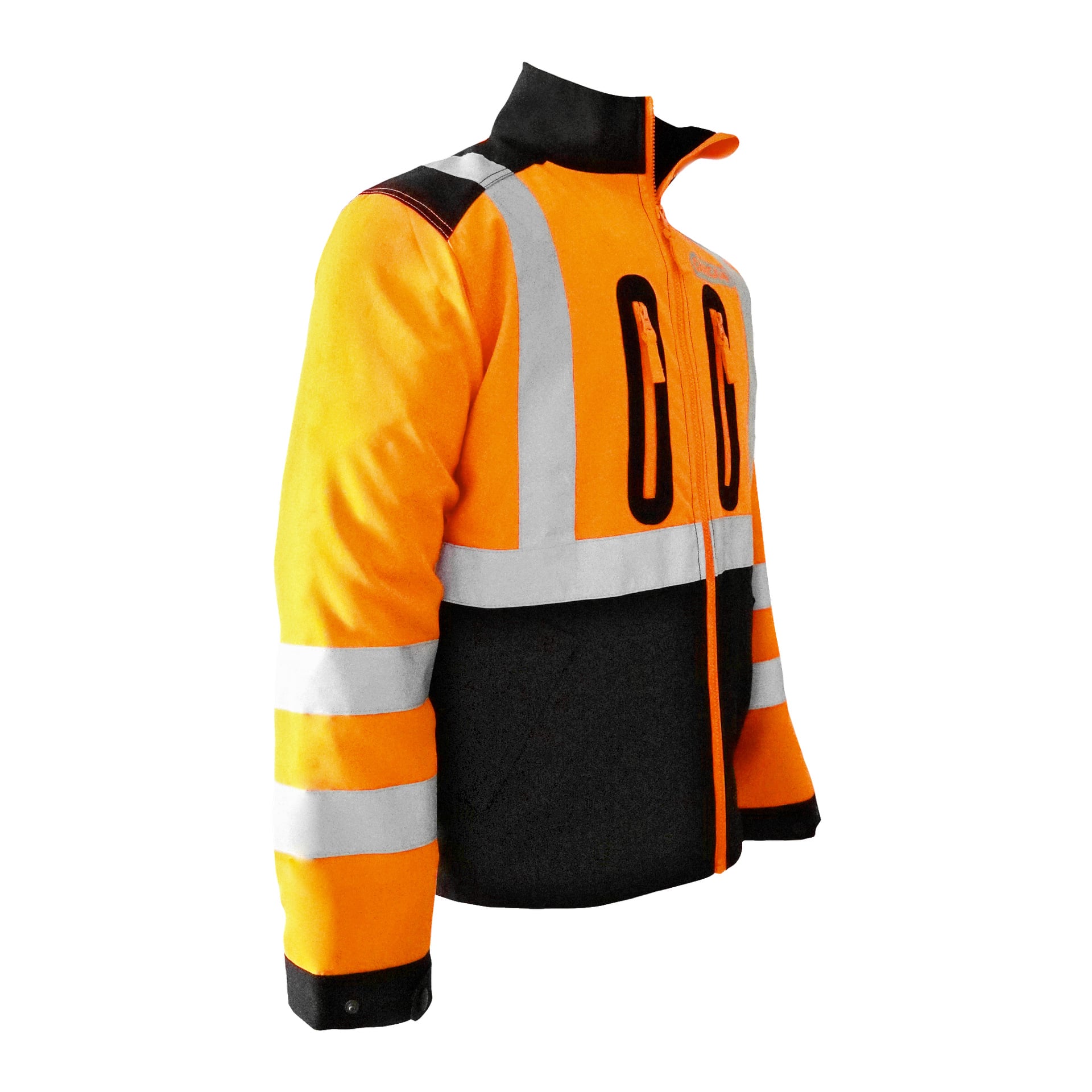 Denna Oregon Hi-Vis-jacka visar ett starkt orange tyg med kontrasterande svarta paneler på undersidan, komplementerat av en svart krage. Reflekterande silverränder framhäver bål, armar och axlar. Två vertikala dragkedjefickor är placerade på bröstet för enkel åtkomst.