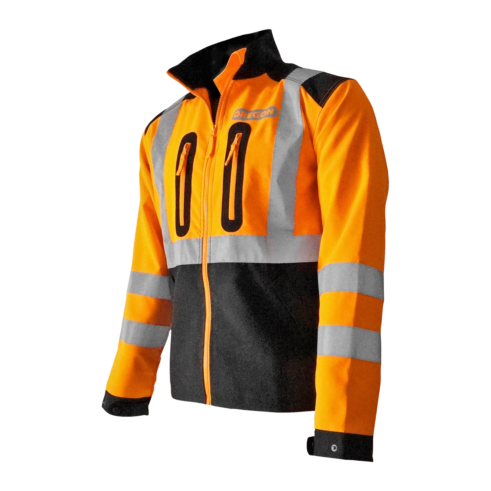 En orange och svart högsynlig Oregon-jacka med reflekterande silverband på bröst, armar och nedre del. Jackan har dragkedja fram, krage och visar Oregons logotyp på övre bröstet.