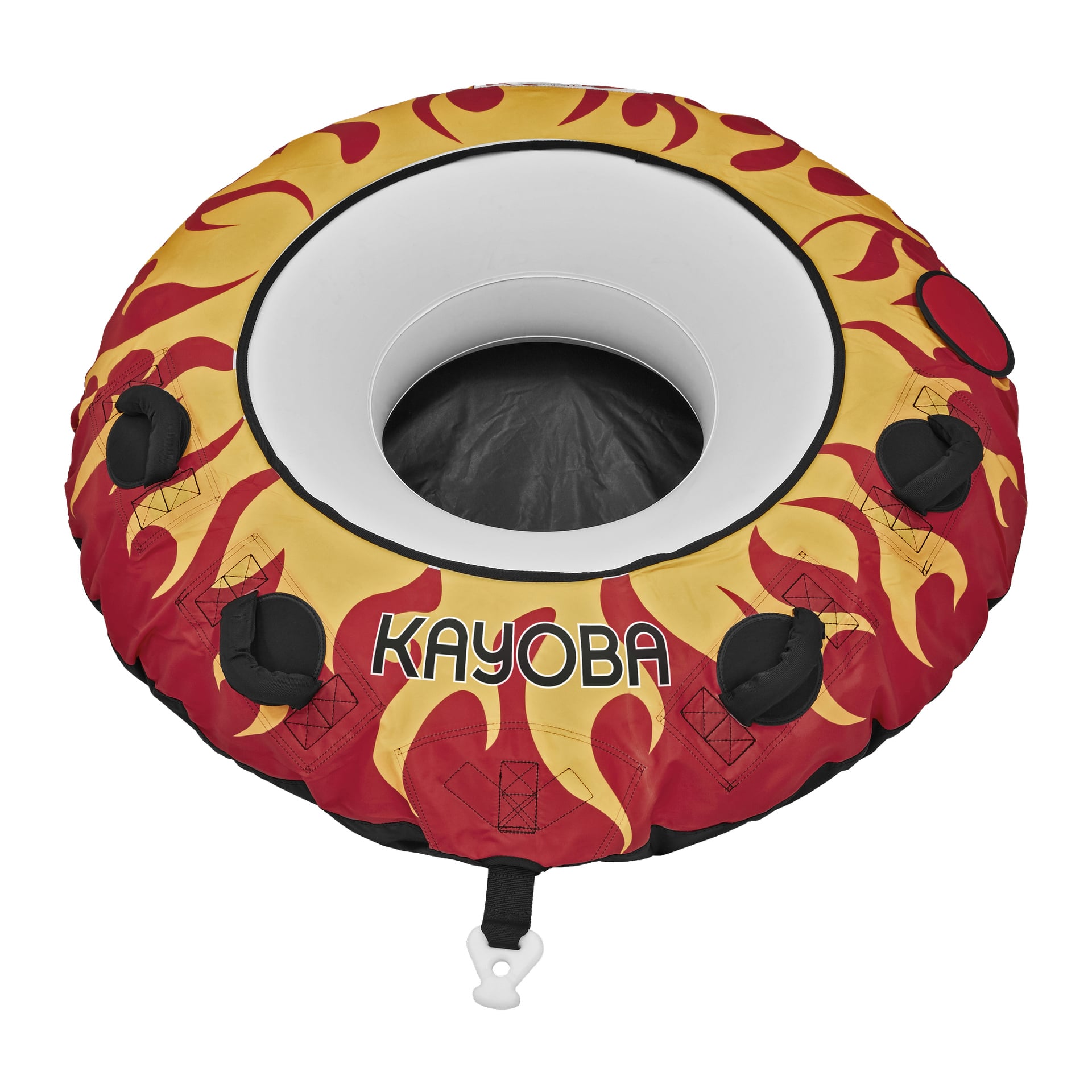 Ett runt Kayoba-båtrör med flamdesign, fyra svarta handtag, ett vitt mittområde med ordet "KAYOBA" och en krok för fästning längst ner.