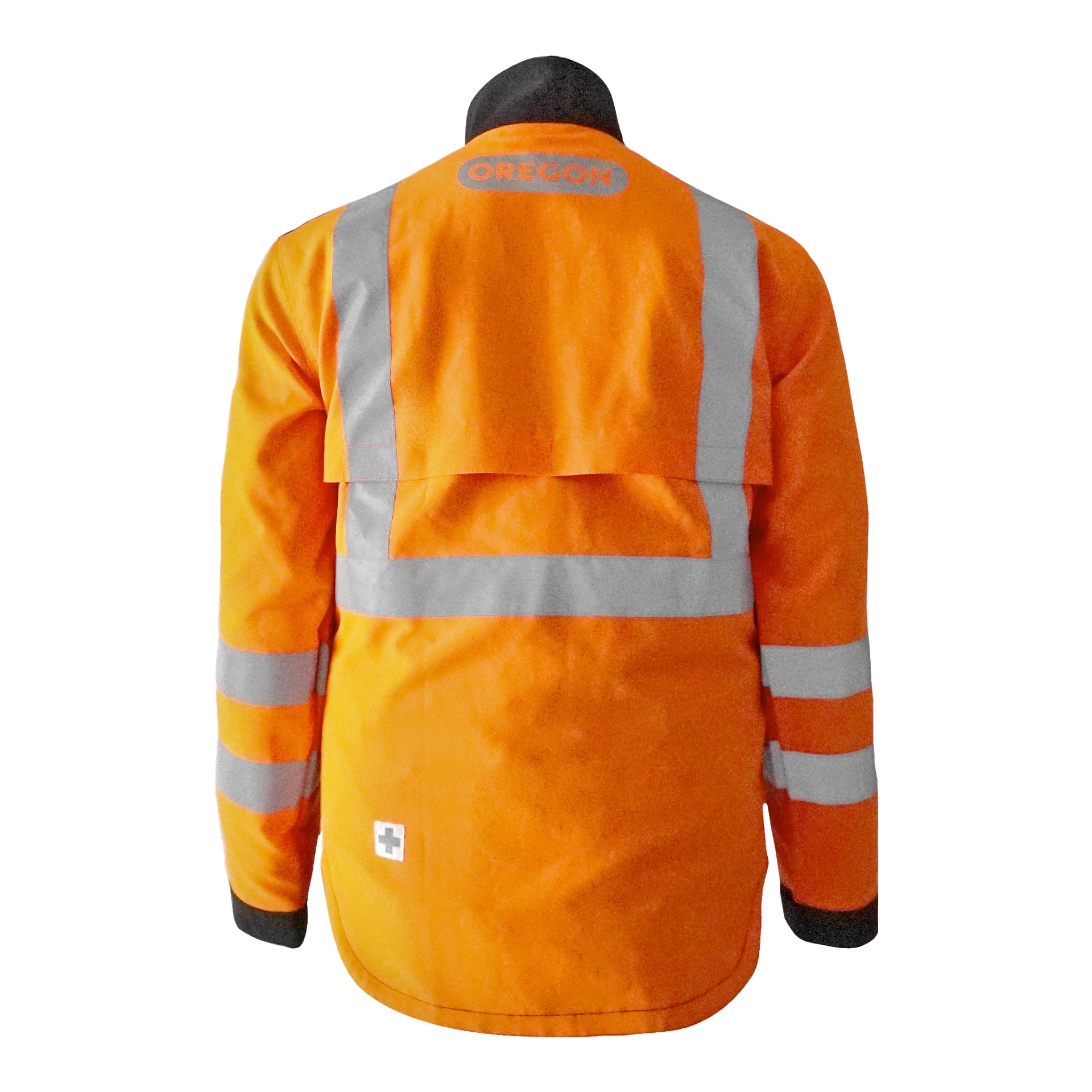 Bilden visar baksidan av en Oregon Hi-Vis-jacka, med en livfull orange färg med horisontella reflekterande grå ränder och en svart krage. Ordet "OREGON" är tryckt över övre delen av ryggen, medan en vit fläck med ett kors syns nära nederkanten.