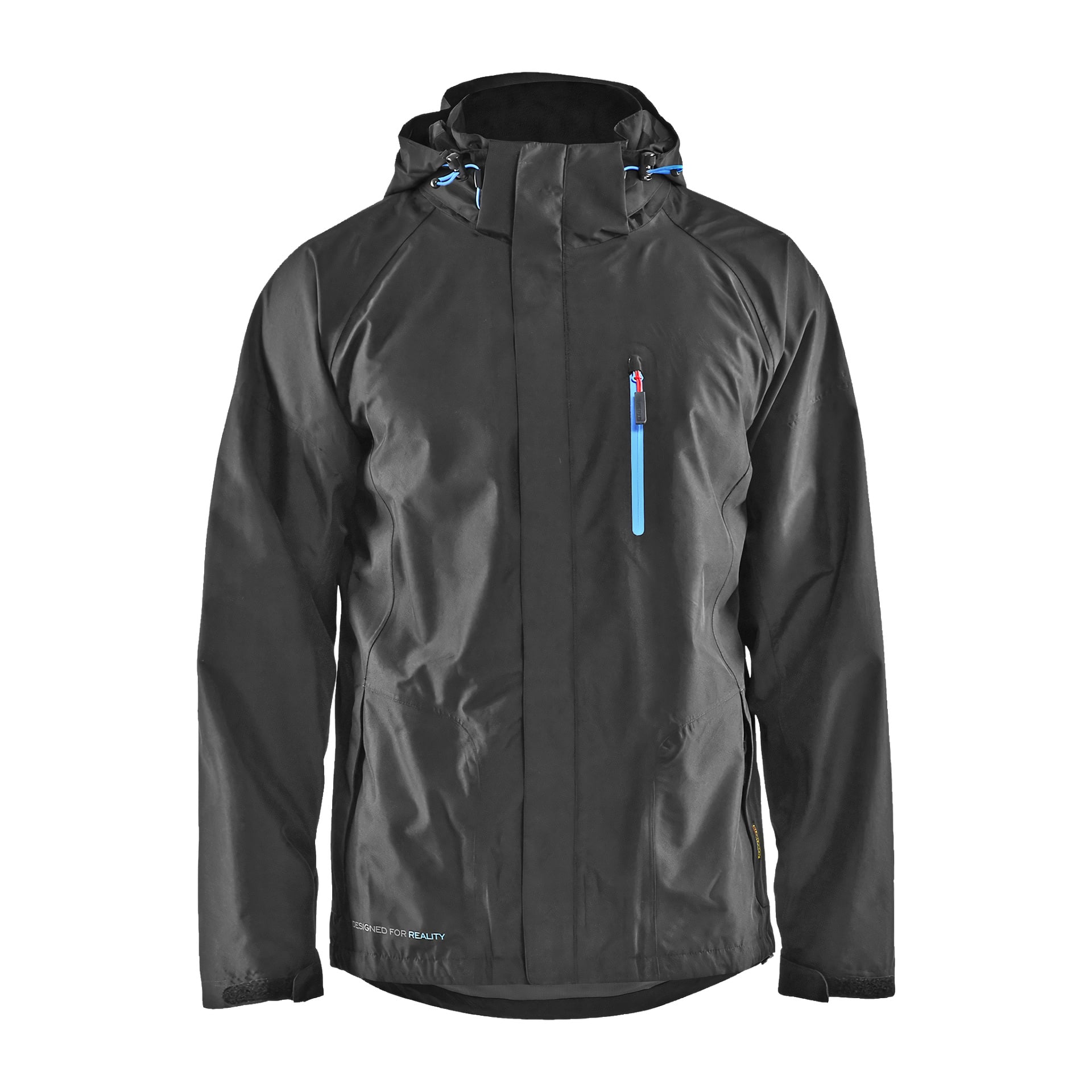 Blaklader Rain Jacket är en slank svart vattentät kappa med dragkedja och huva fram, framhävda av djärva blå dragkedjedetaljer på både bröst och huva. Tillverkad av ett slätt, subtilt blankt tyg, har den två sidofickor och ärmar med justerbara manschetter för praktiskt bruk.