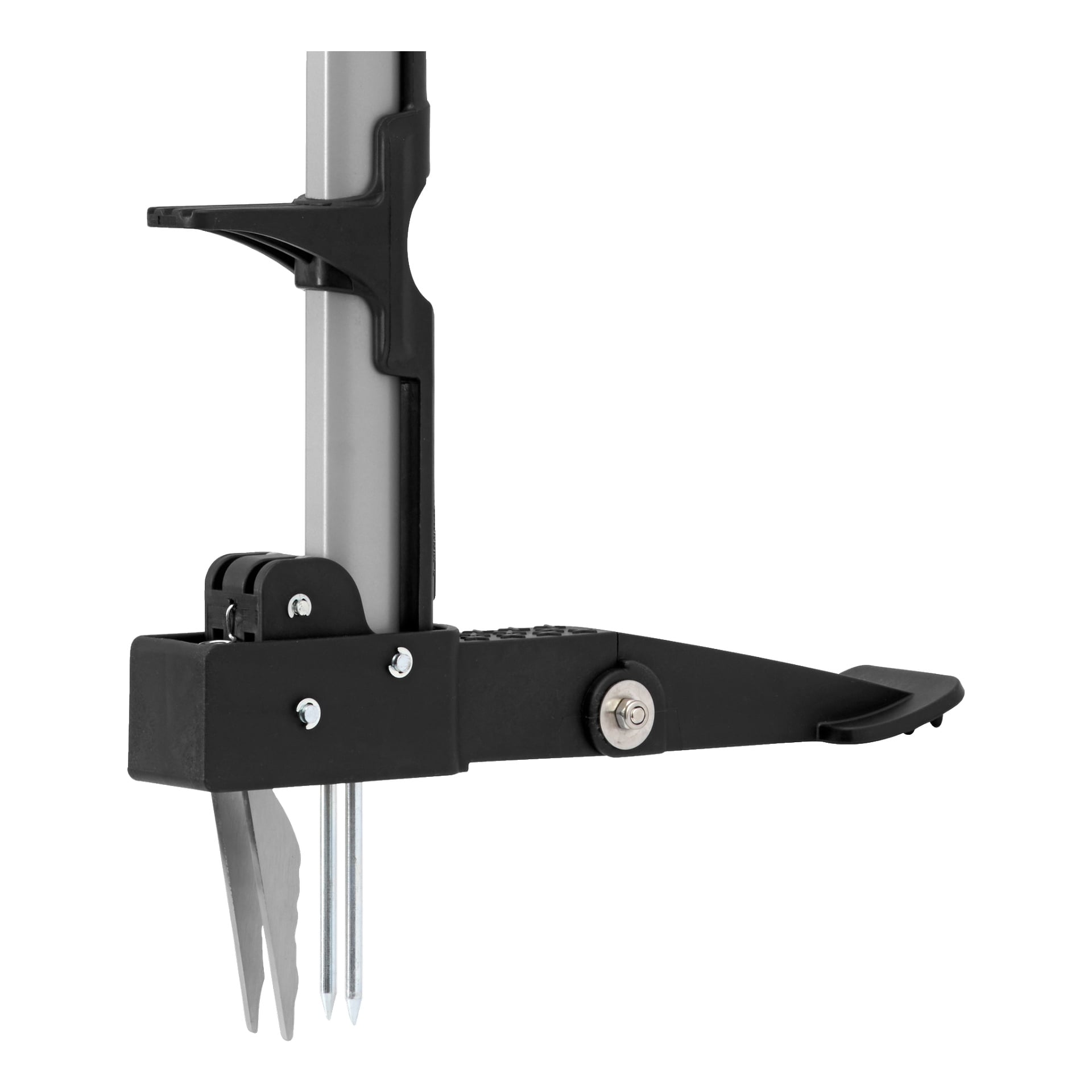 Detaljerad vy av Hard Head Weed Remover, ett mekaniskt verktyg i svart och silver med klämma, hävstång och två nedåtriktade metallstift designade för att greppa eller stabilisera.