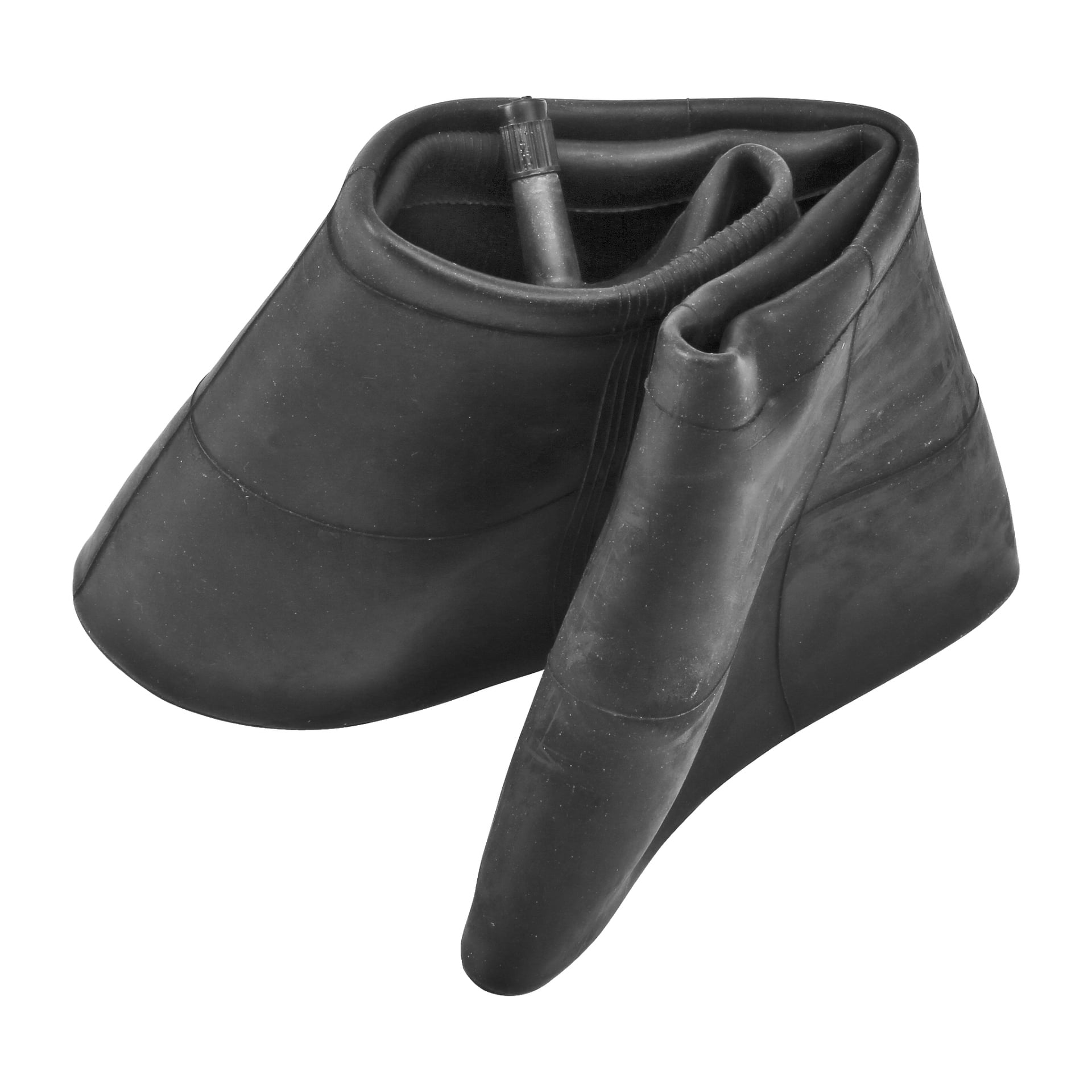 En svart gummi Hamron-innerslang för en skottkärra, synlig med ventilstammen och vikt över för att betona materialets flexibilitet och böjda form.