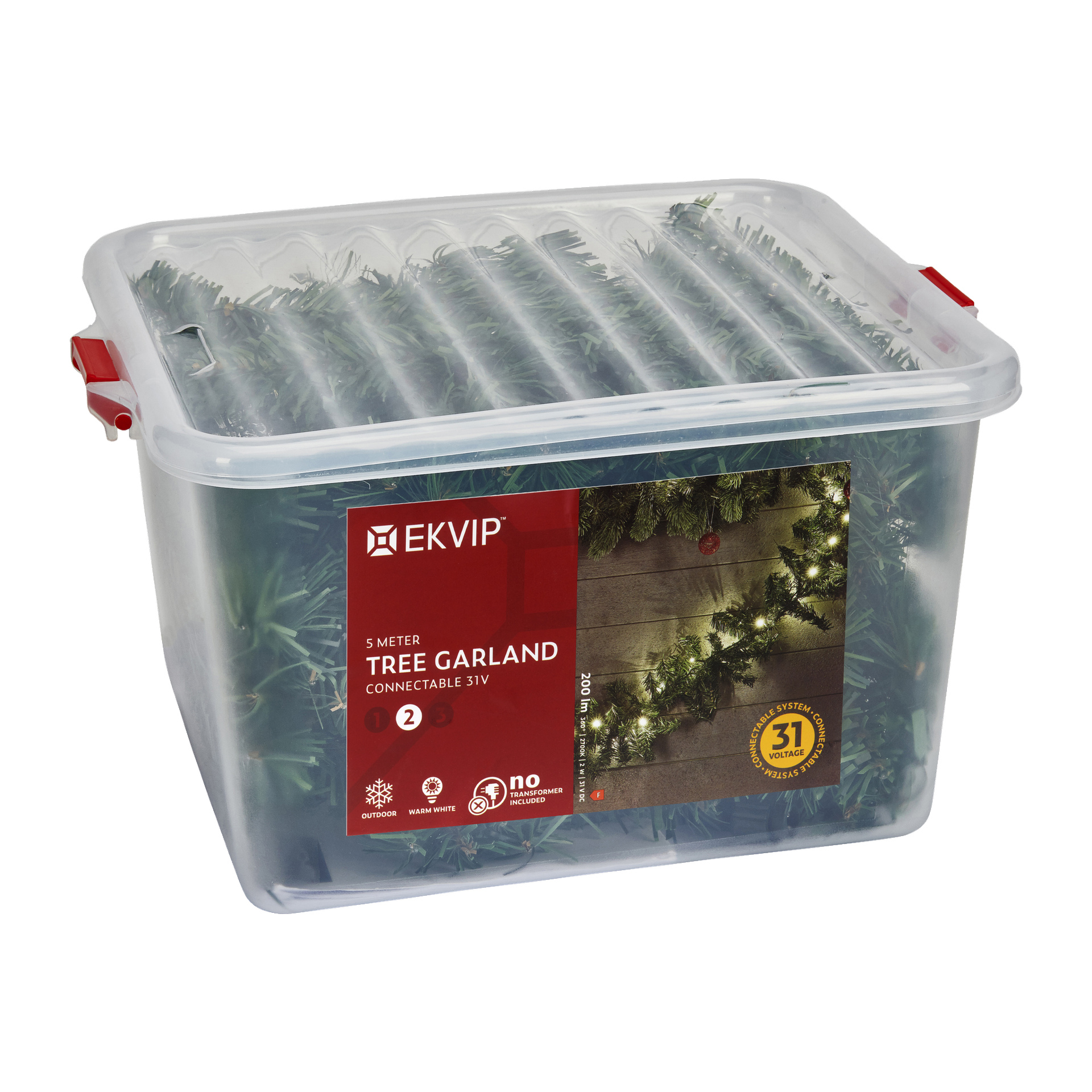 En transparent plastförvaringslåda med röda lås rymmer ett 5-meter EKVIP LED-girland-anslutningssystem. Etiketten visar den tända girlandern, noterar dess anslutningsbara design, lämplighet för inomhus- och utomhusmiljöer och anger att den har 31 integrerade lampor.