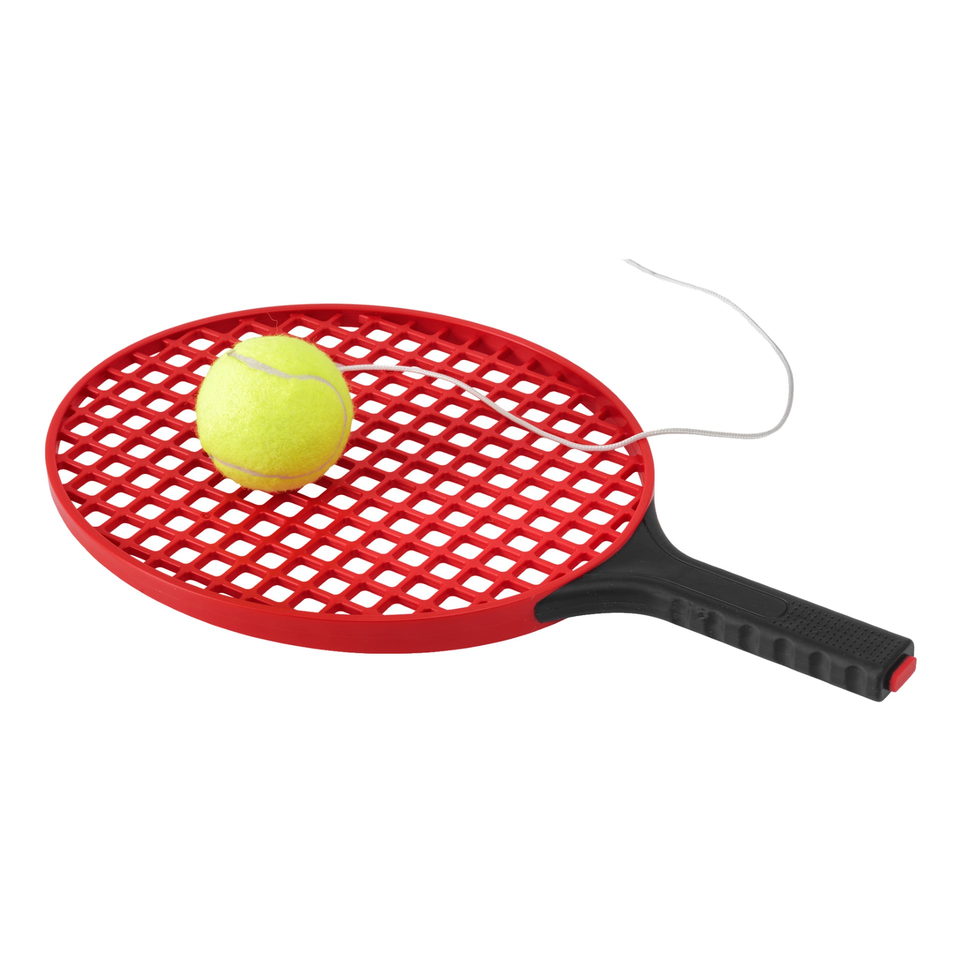 En Kayoba Speedball med en rød og svart tennisracket i plast og en gul tennisball koblet sammen med en hvit snor.