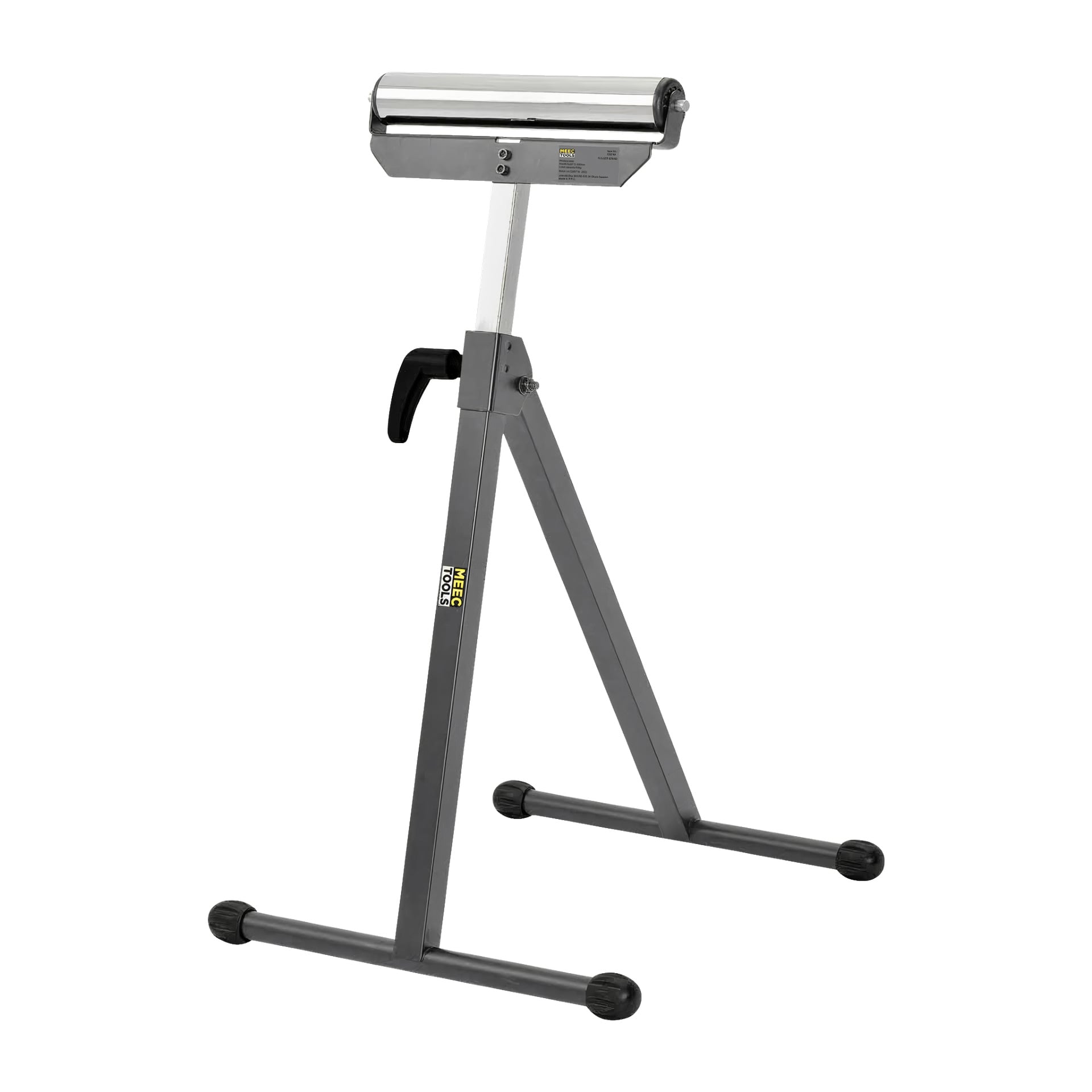 Meec Tools Roller -telineessä on leveä pohja, säädettävä korkeus, yksi ylärulla, harmaa väri mustilla jaloilla sekä sivukahva, joka helpottaa säätöä.