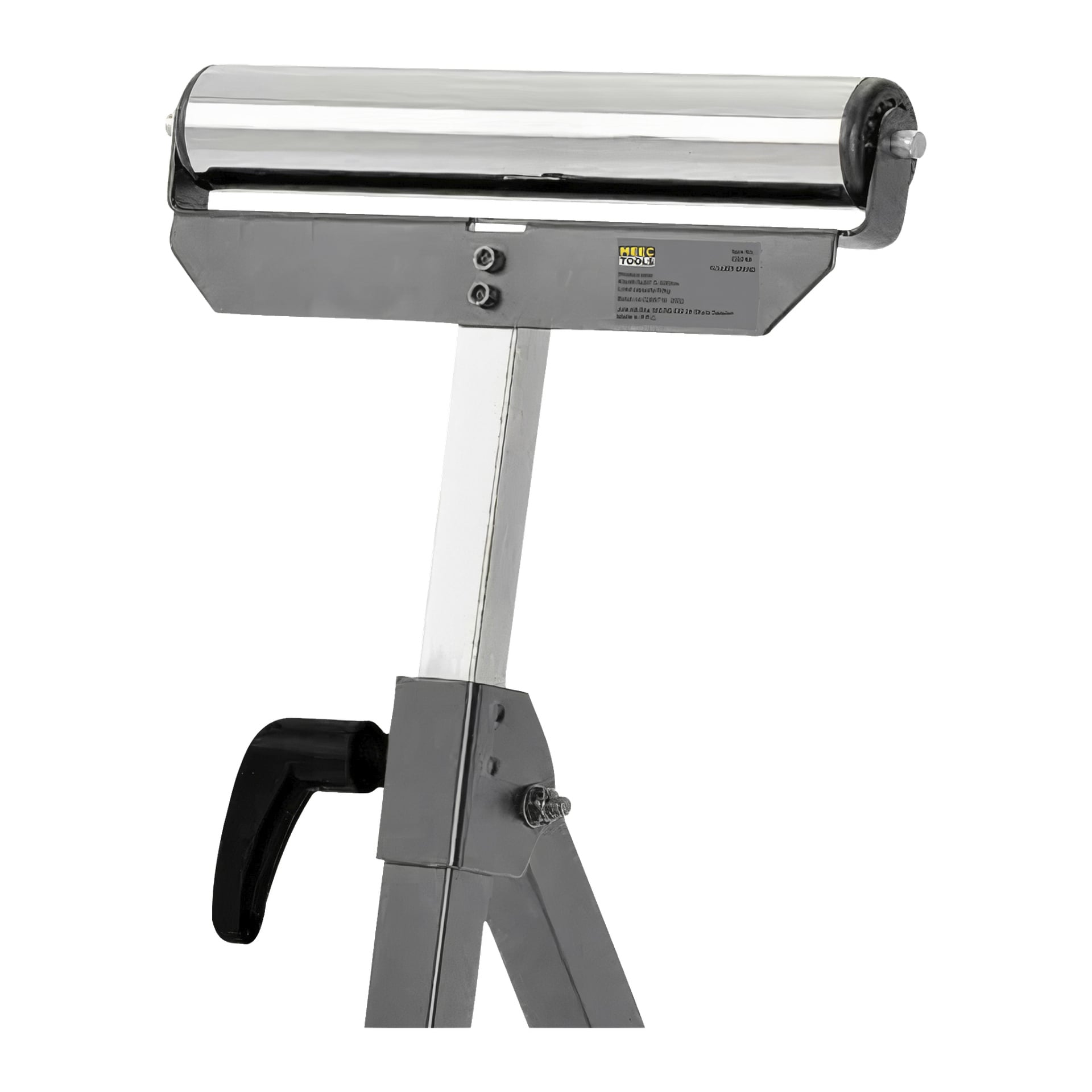 Meec Tools Roller -telineessä on kromattu rulla päällä, säädettävä tukivarsi mustalla kahvalla ja etulapussa, jossa lukee Meec Tools.