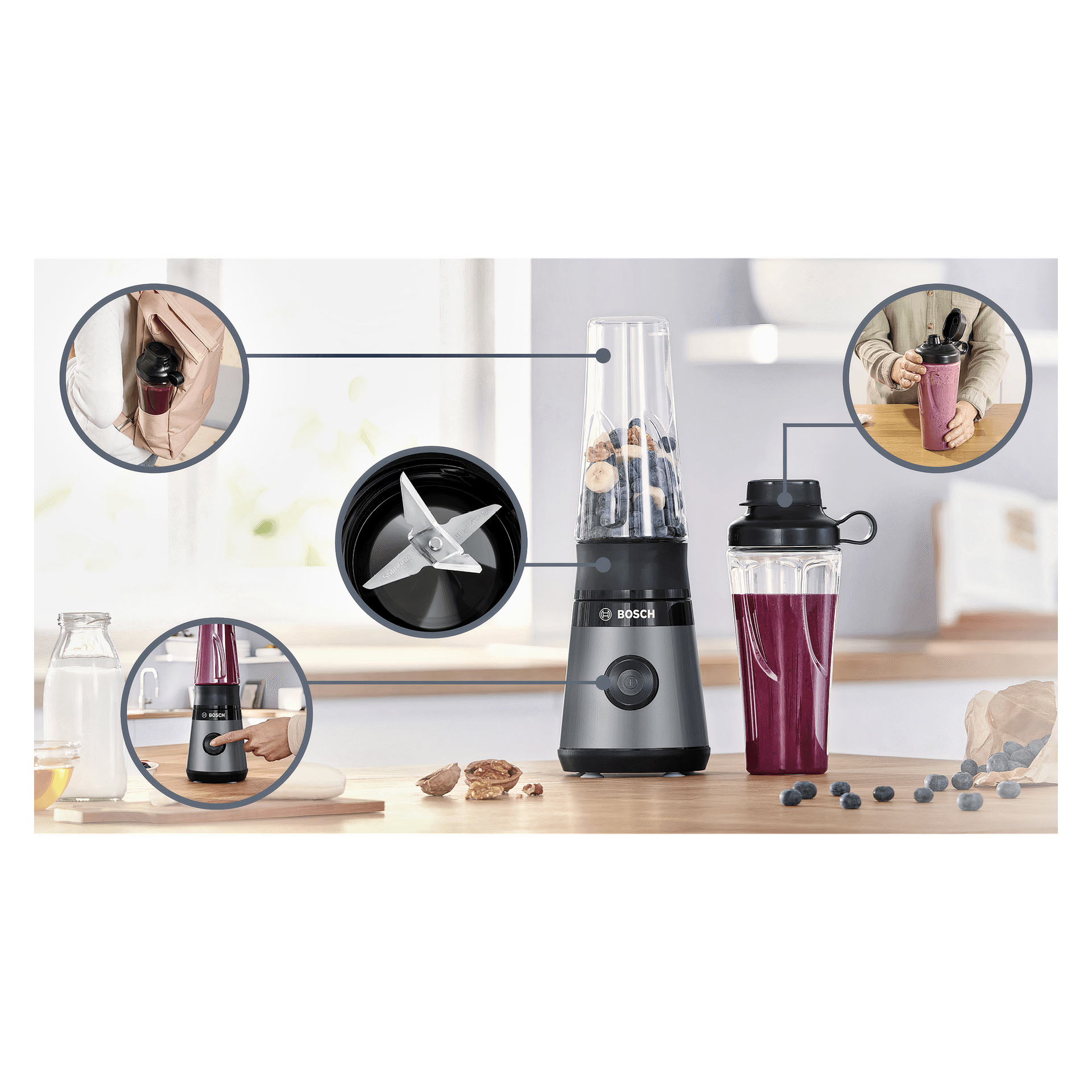 En Bosch Home Blender MMB2111S blandar en blandning av frukt, med detaljerade inslag som visar dess blad, en hand som trycker på knappen, en annan hand som håller blandningsflaskan och flaskan packad i en påse. Blåbär och juice syns i scenen.