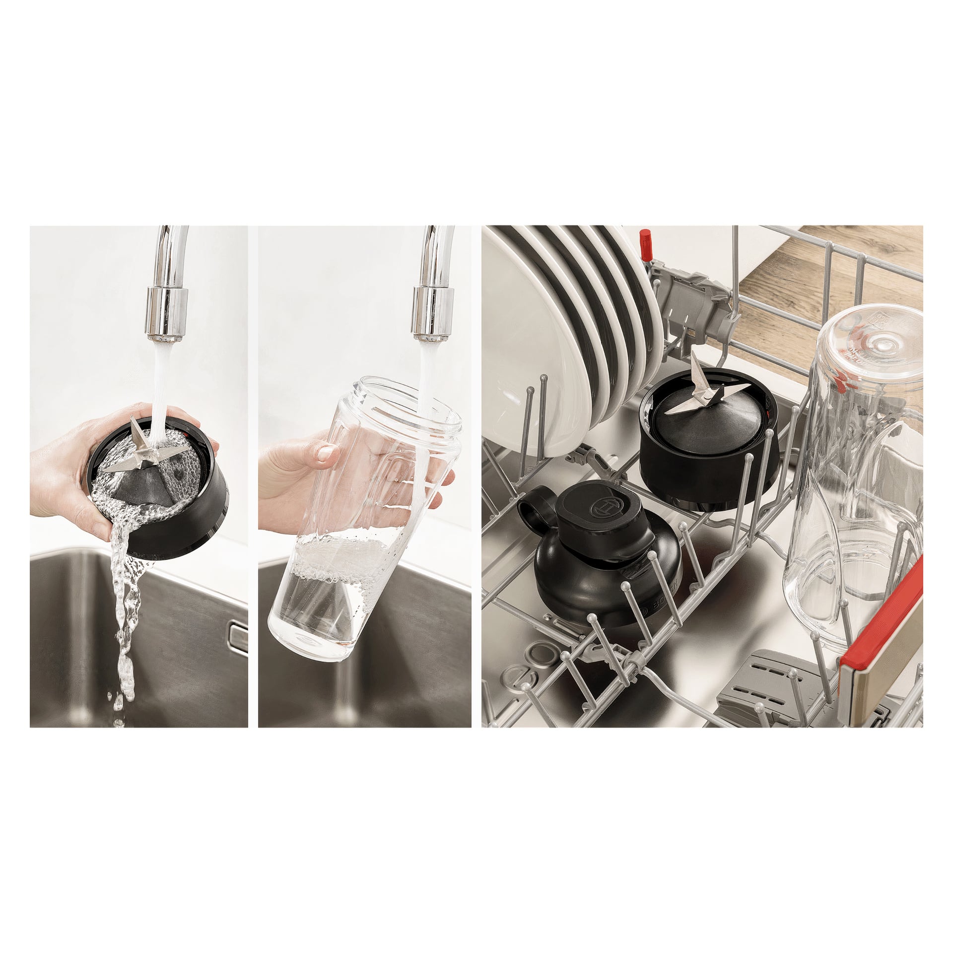 Man skyller lokket og flasken til en Bosch Home Blender under rennende vann, og setter deretter de delte delene i en oppvaskmaskin.