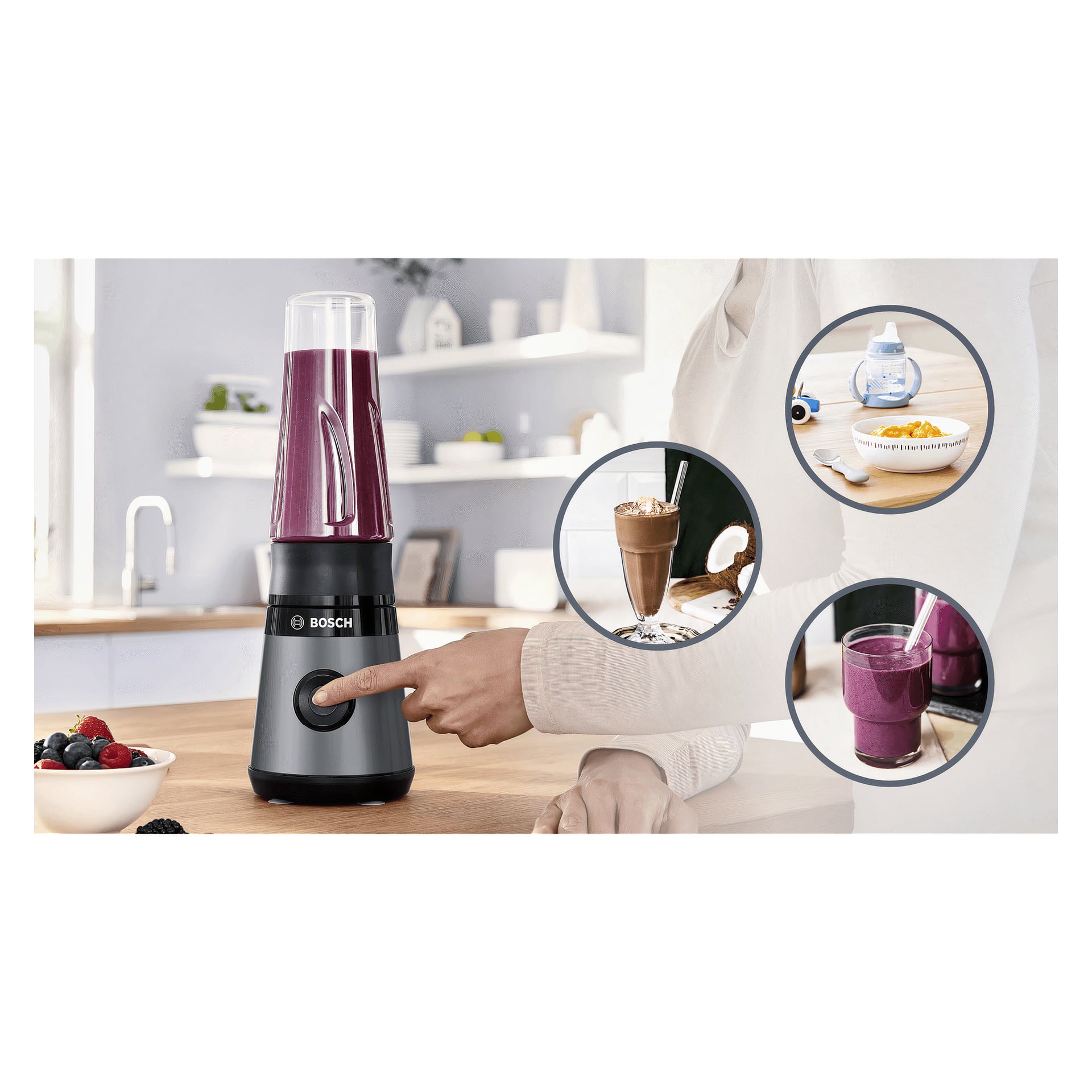 Någon använder Bosch Home Blender MMB2111S och blandar en livfull lila smoothie. I närheten visar tre cirkulära inset olika skapelser gjorda med mixern, inklusive en smoothie, en dessert och barnmat.