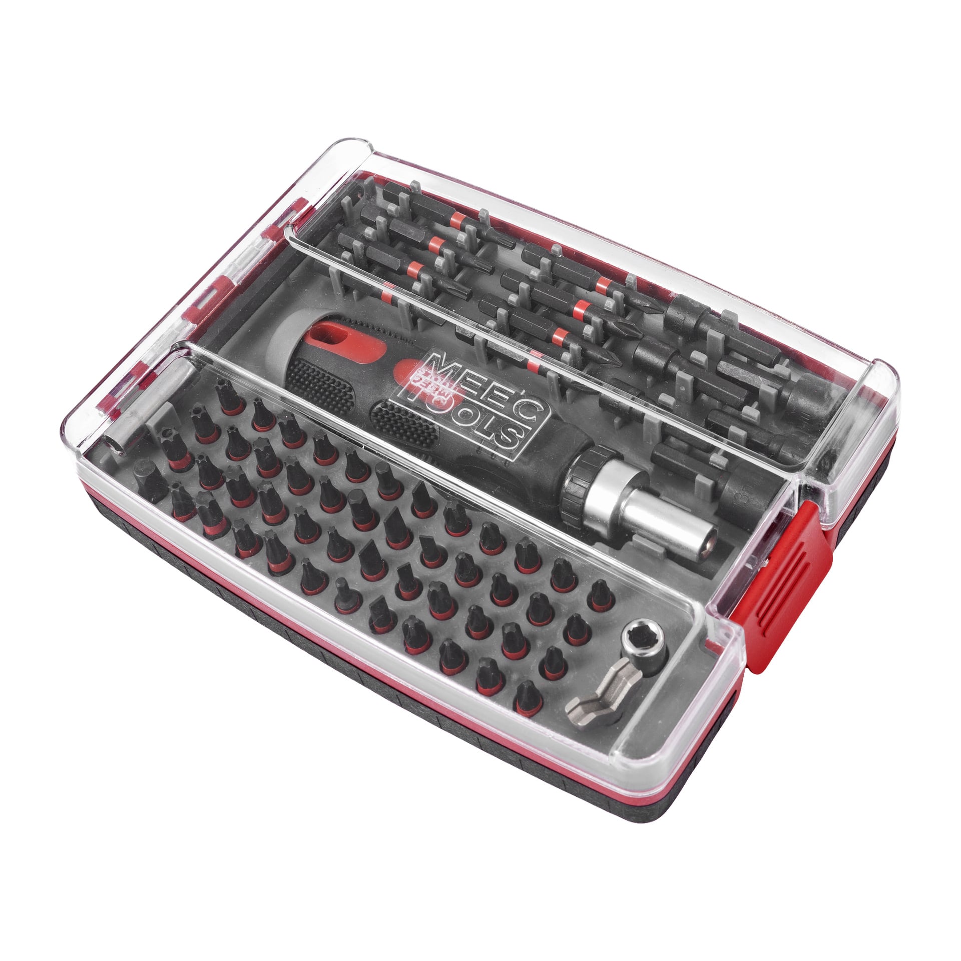 Ett Meec Tools-borrset med 66 delar är placerat i ett plastfodral med ett transparent lock. Inuti visas en precisionsskruvmejsel med svart och rött handtag tillsammans med en mängd små skruvmejselbitar och olika tillbehör, alla prydligt organiserade i individuella fack.