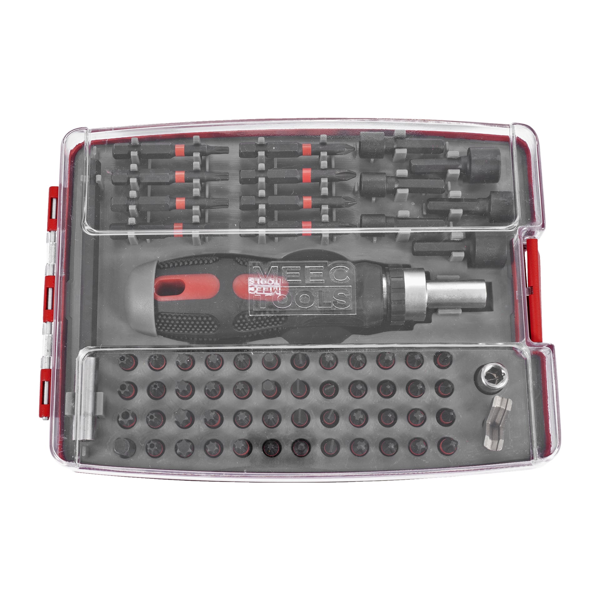 Meec Tools Bit Set, som består av 66 delar, visas i ett plastfodral med transparent lock. Setet innehåller ett svart och rött handtag, olika skruvmejselbitar och hylsor, allt prydligt organiserat i rader på en svart bricka.