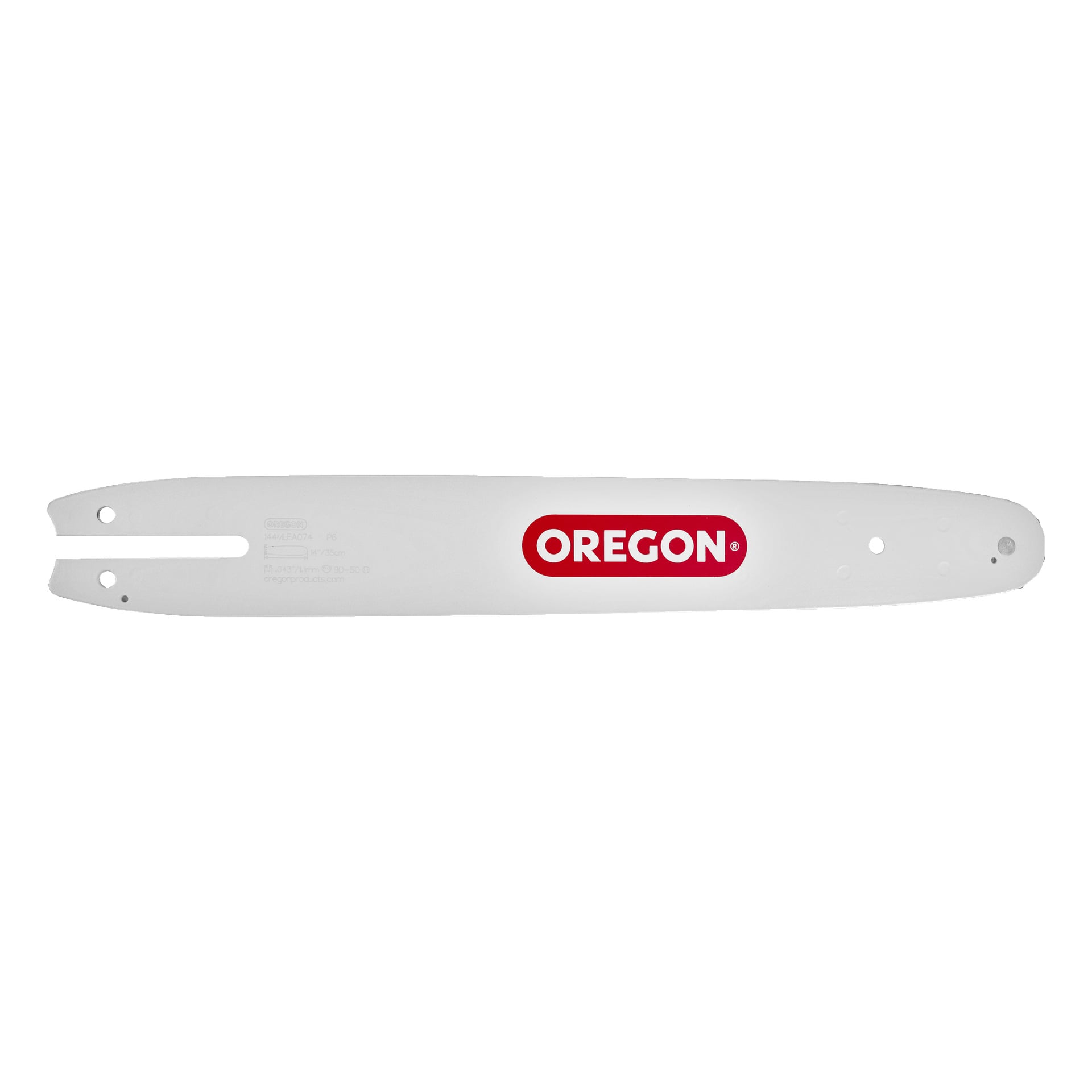 Srebrny listwowy piłnik Oregon 144MLEA041 z wyraźnym czerwono-białym logo OREGON na środku, z wieloma otworami i szczelinami mocującymi.