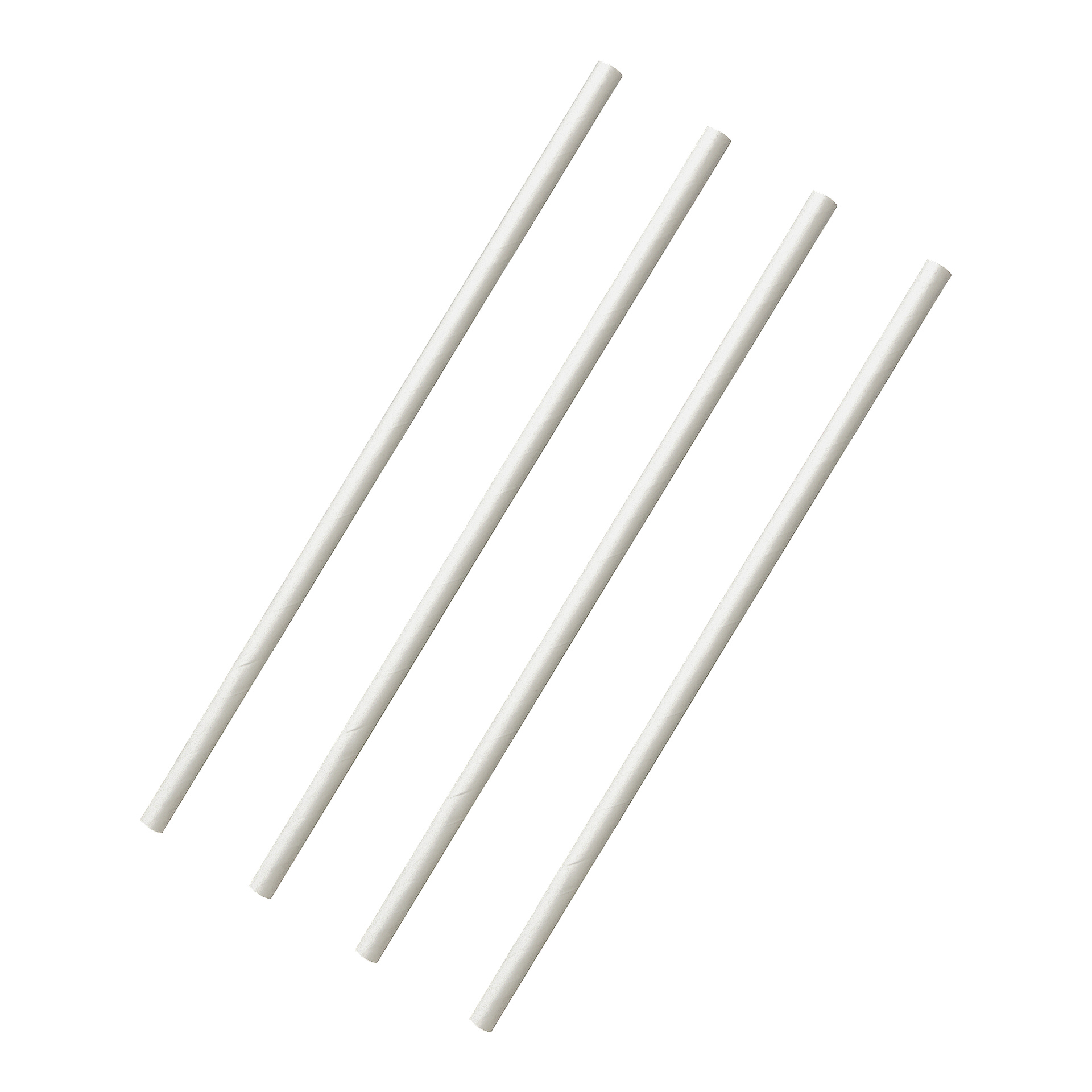 Fyra enkla vita Papstar-papperssugrör från ett 100-pack ligger diagonalt, parallellt med varandra.